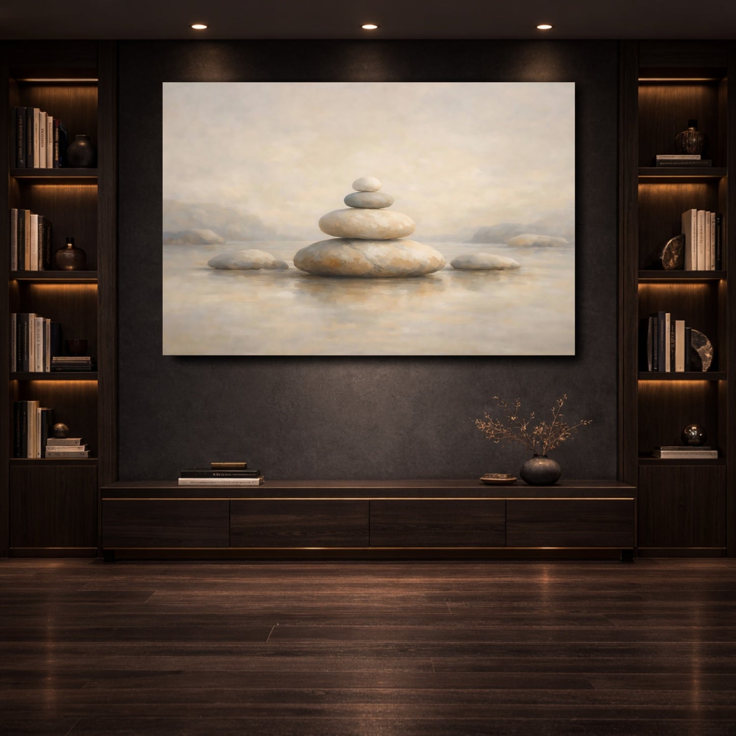 Mockup 3. Nature Stone Cairn Neutral Stone Stack shown as stretched canvas wall art
