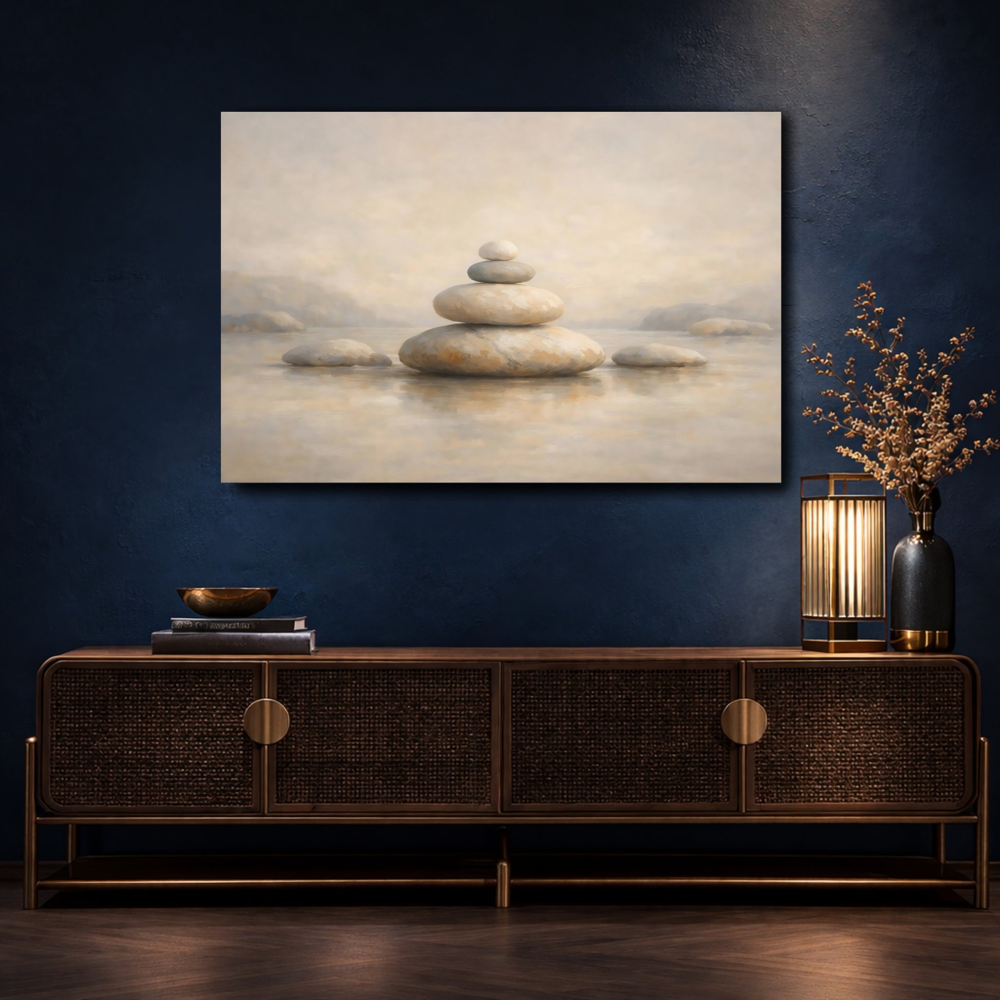 Mockup 4. Nature Stone Cairn Neutral Stone Stack shown as stretched canvas wall art