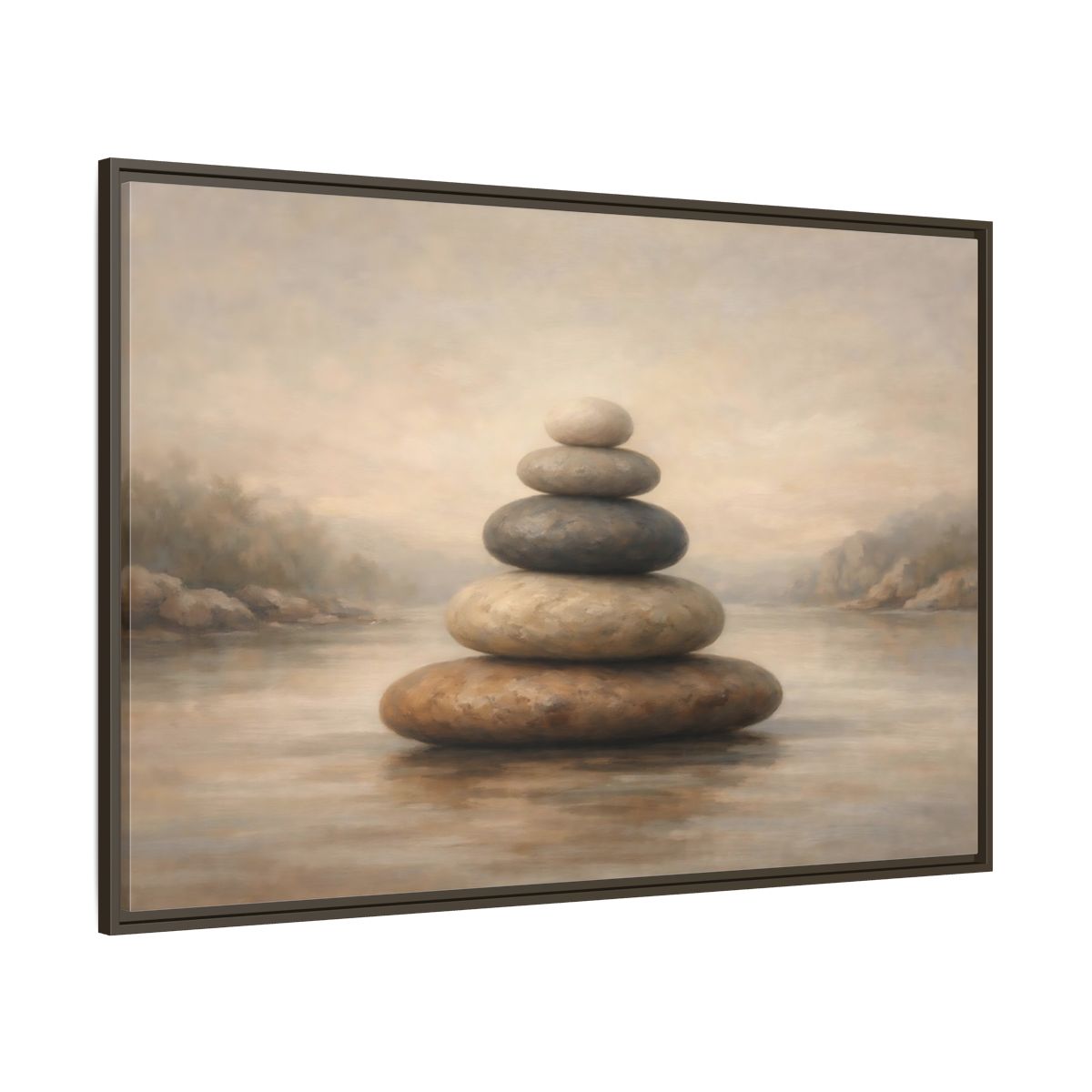 Main Mockup. Nature Stone Cairn Stacked Rocks Neutral shown as stretched canvas wall art