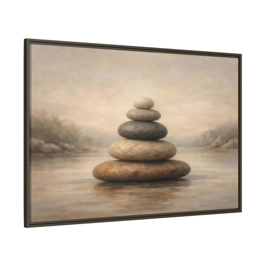 Main Mockup. Nature Stone Cairn Stacked Rocks Neutral shown as stretched canvas wall art