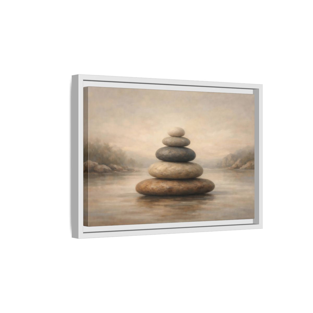 Side Mockup 4. Nature Stone Cairn Stacked Rocks Neutral shown as stretched canvas wall art