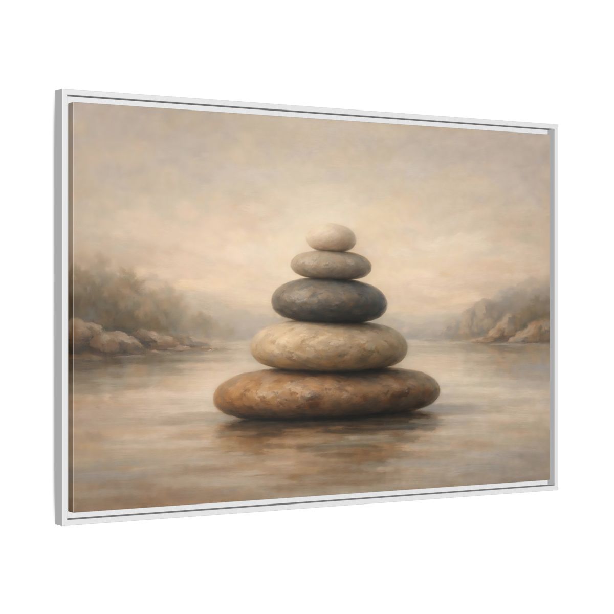 Side Mockup 7. Nature Stone Cairn Stacked Rocks Neutral shown as stretched canvas wall art