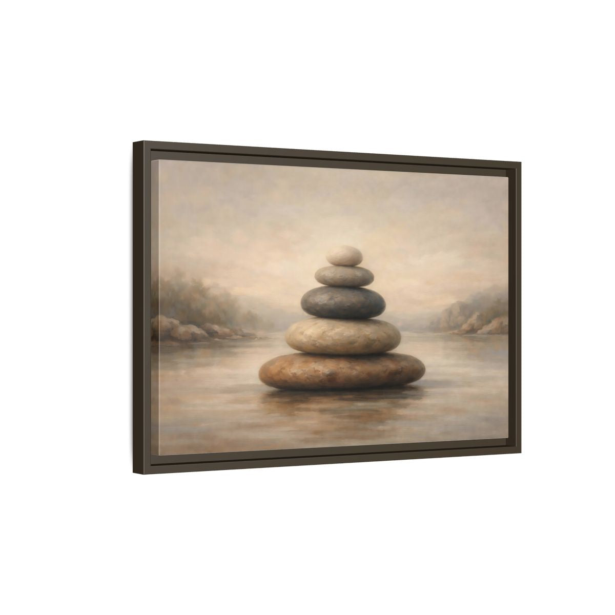 Side Mockup 2. Nature Stone Cairn Stacked Rocks Neutral shown as stretched canvas wall art