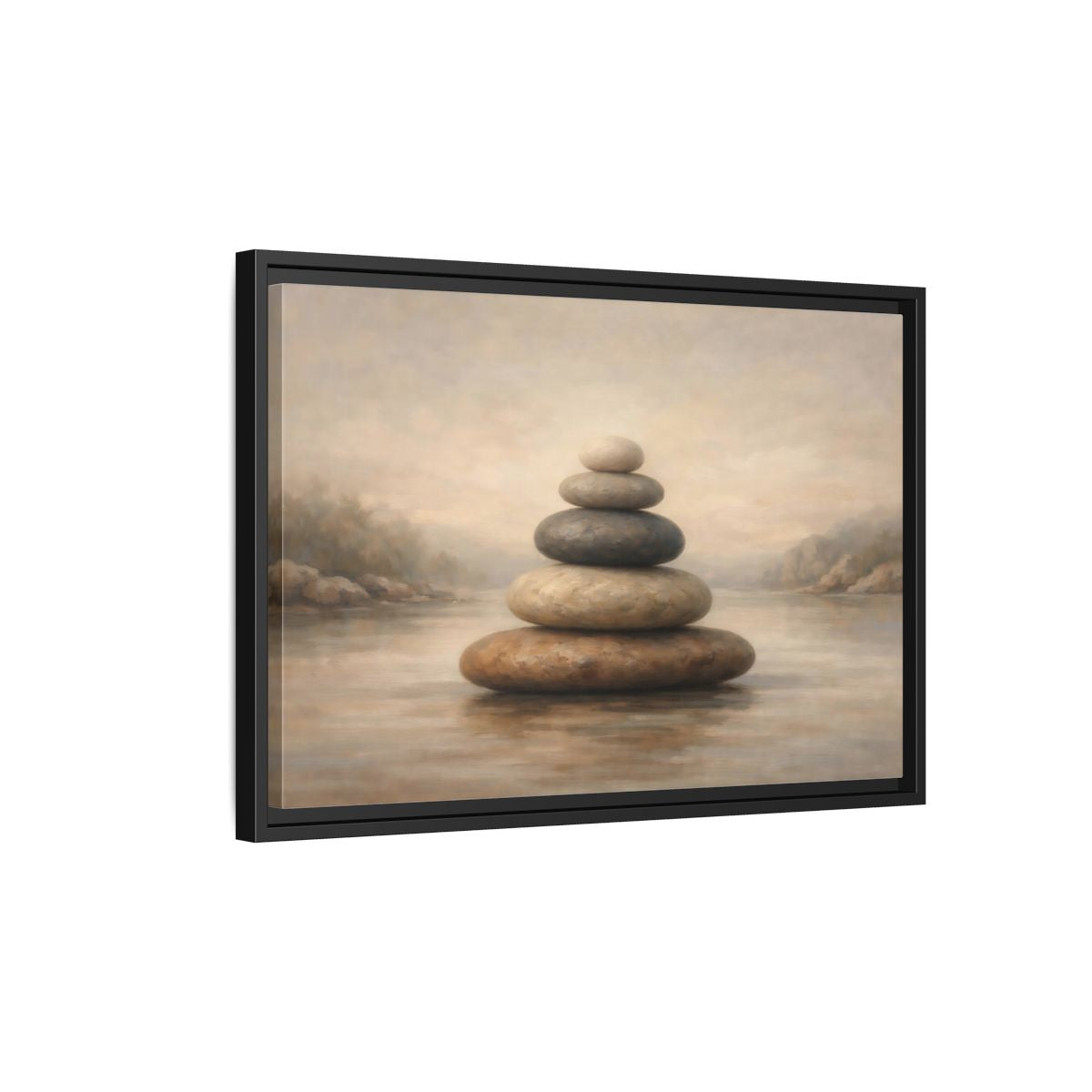 Side Mockup 3. Nature Stone Cairn Stacked Rocks Neutral shown as stretched canvas wall art