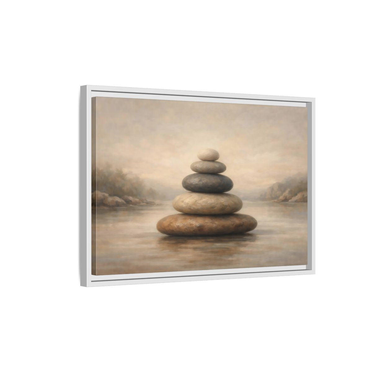 Side Mockup 1. Nature Stone Cairn Stacked Rocks Neutral shown as stretched canvas wall art