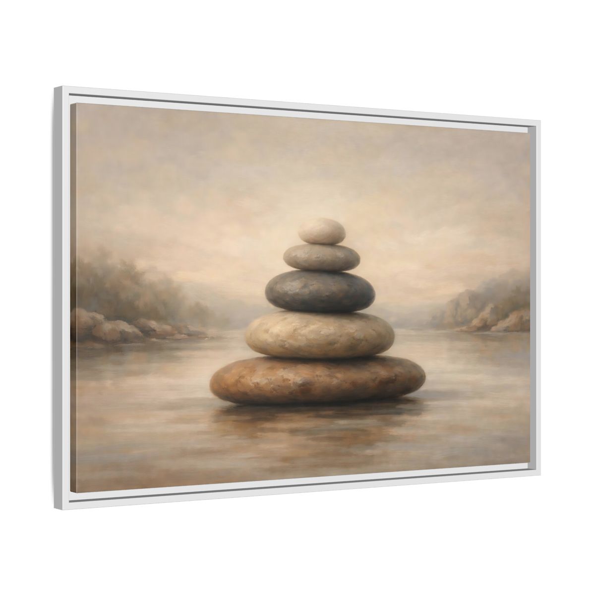 Side Mockup 8. Nature Stone Cairn Stacked Rocks Neutral shown as stretched canvas wall art