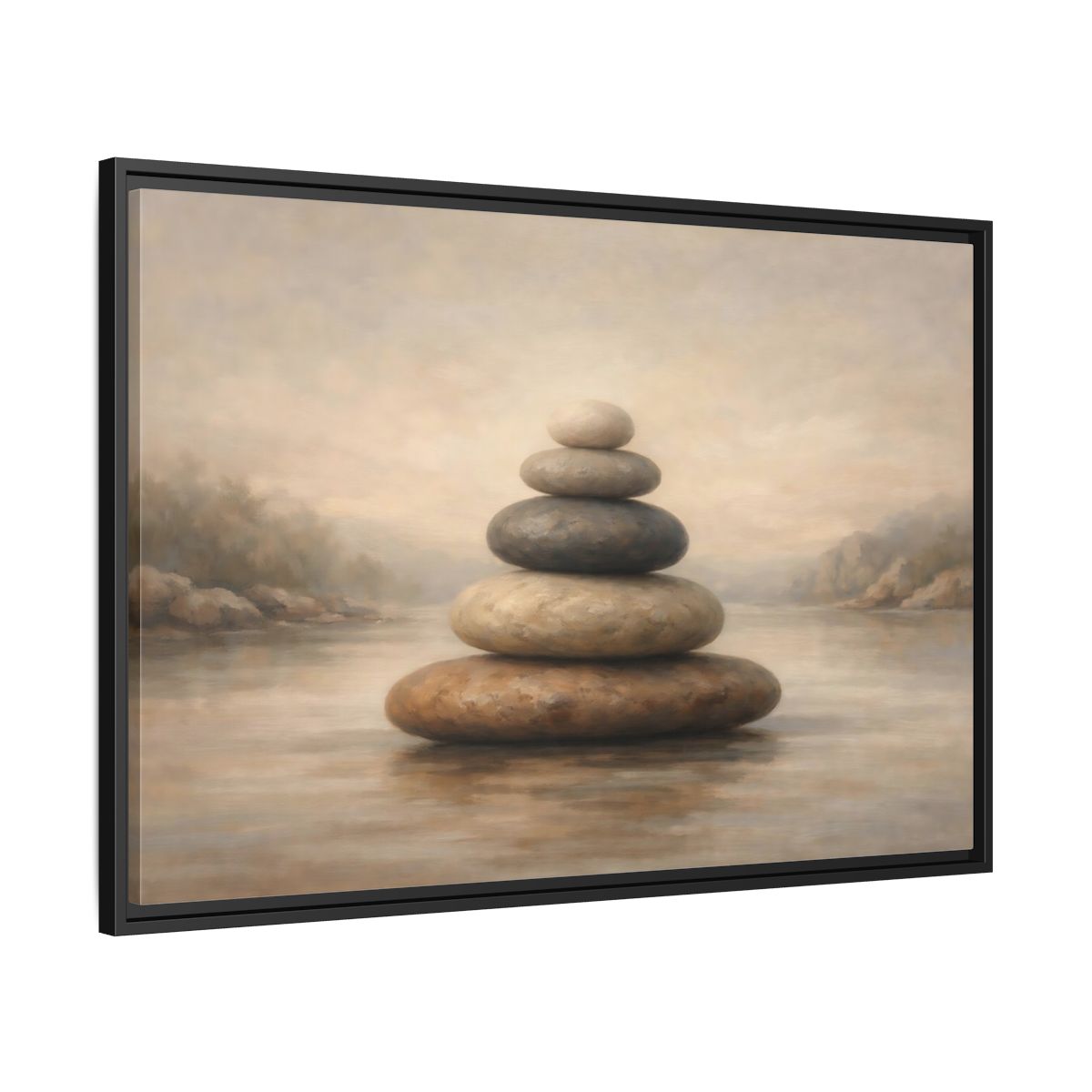 Side Mockup 13. Nature Stone Cairn Stacked Rocks Neutral shown as stretched canvas wall art