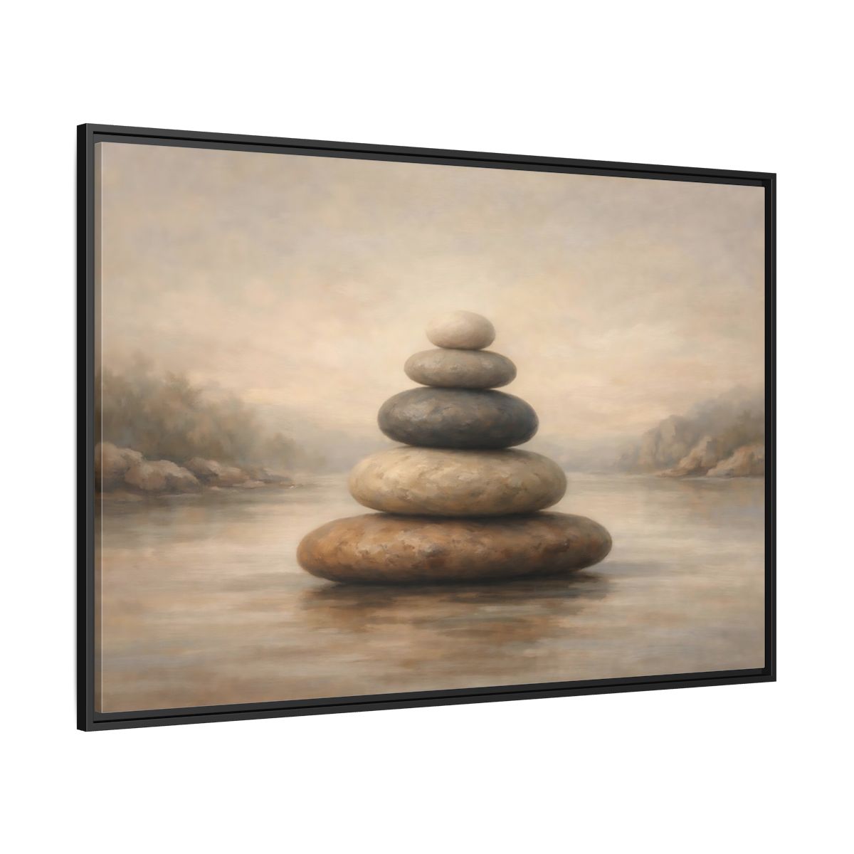 Side Mockup 12. Nature Stone Cairn Stacked Rocks Neutral shown as stretched canvas wall art