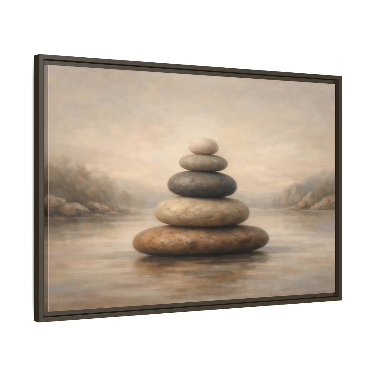 Side Mockup 9. Nature Stone Cairn Stacked Rocks Neutral shown as stretched canvas wall art