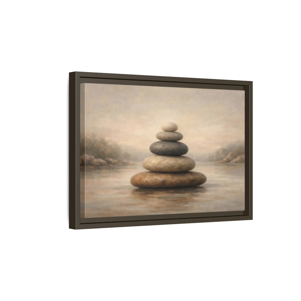 Side Mockup 5. Nature Stone Cairn Stacked Rocks Neutral shown as stretched canvas wall art