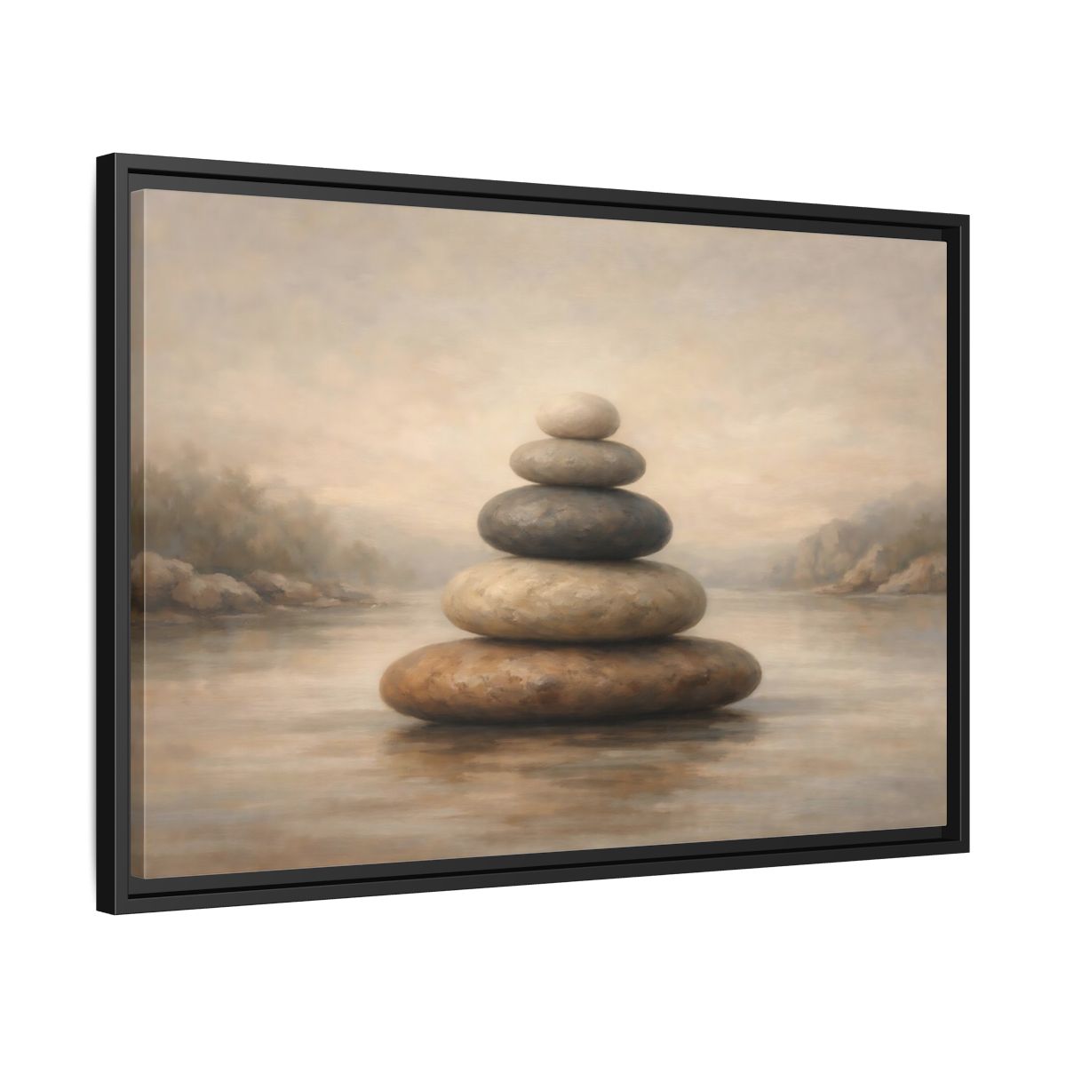 Side Mockup 14. Nature Stone Cairn Stacked Rocks Neutral shown as stretched canvas wall art