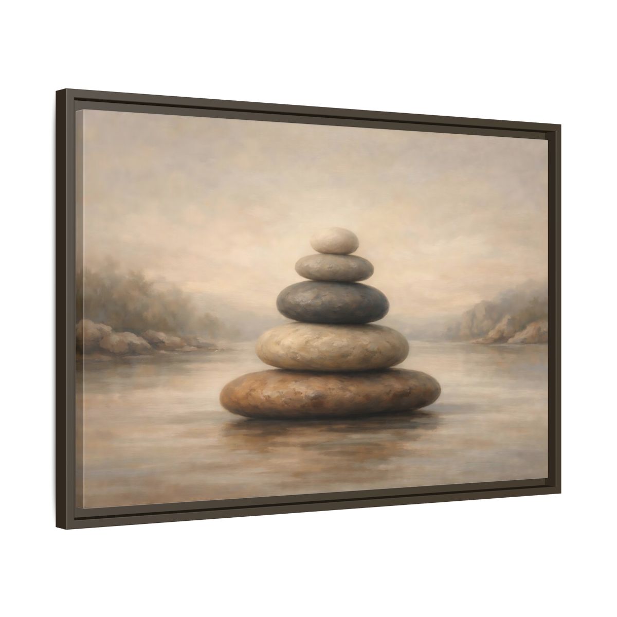 Side Mockup 11. Nature Stone Cairn Stacked Rocks Neutral shown as stretched canvas wall art