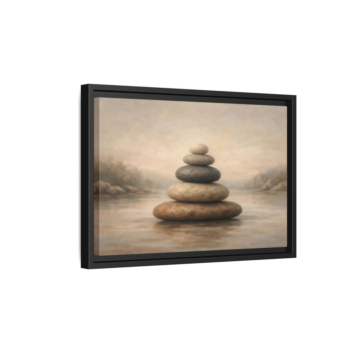 Side Mockup 6. Nature Stone Cairn Stacked Rocks Neutral shown as stretched canvas wall art