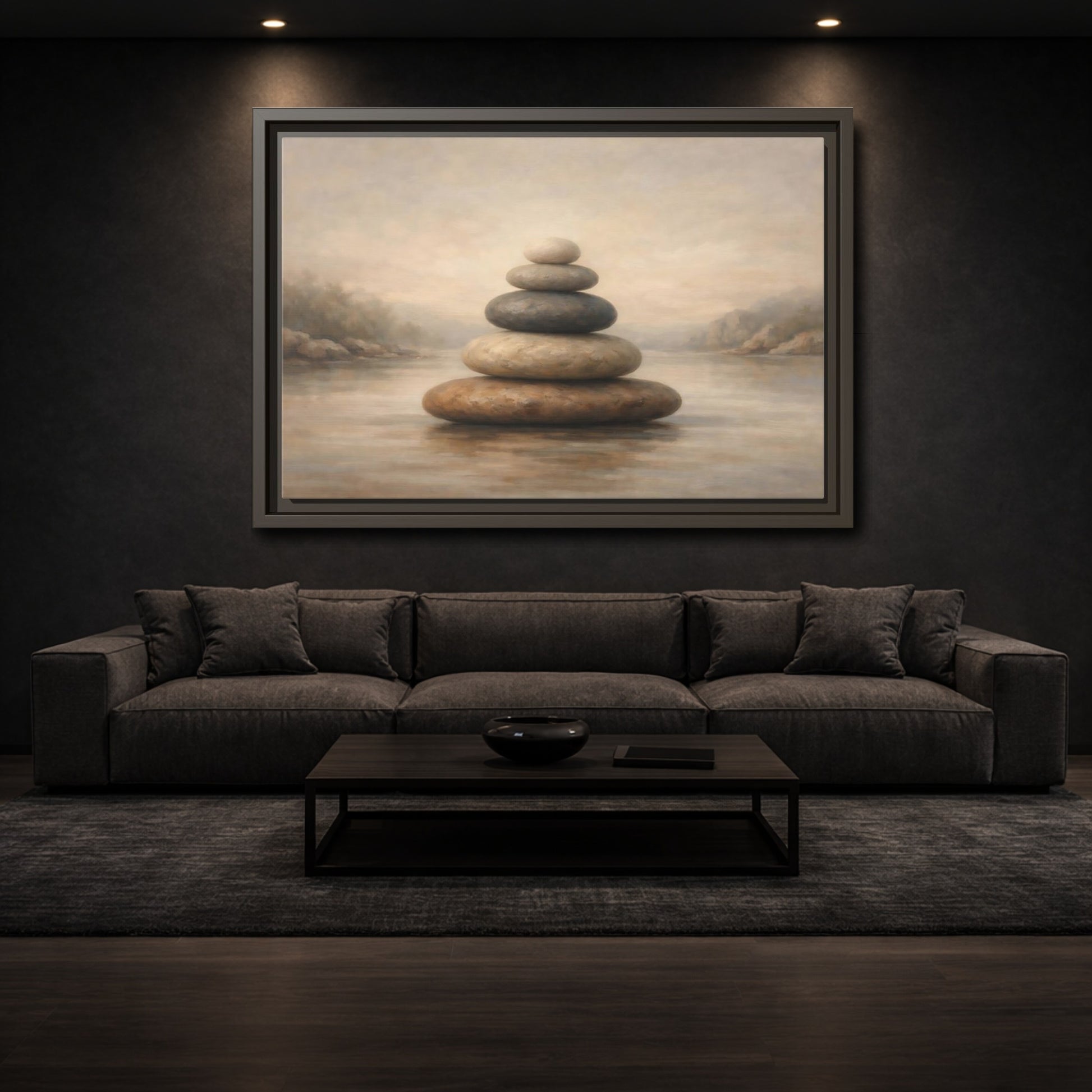 Mockup 2. Nature Stone Cairn Stacked Rocks Neutral shown as stretched canvas wall art