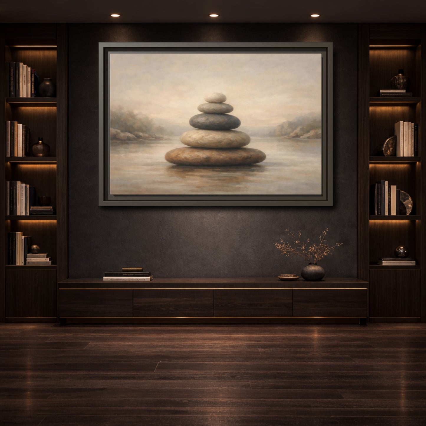 Mockup 3. Nature Stone Cairn Stacked Rocks Neutral shown as stretched canvas wall art