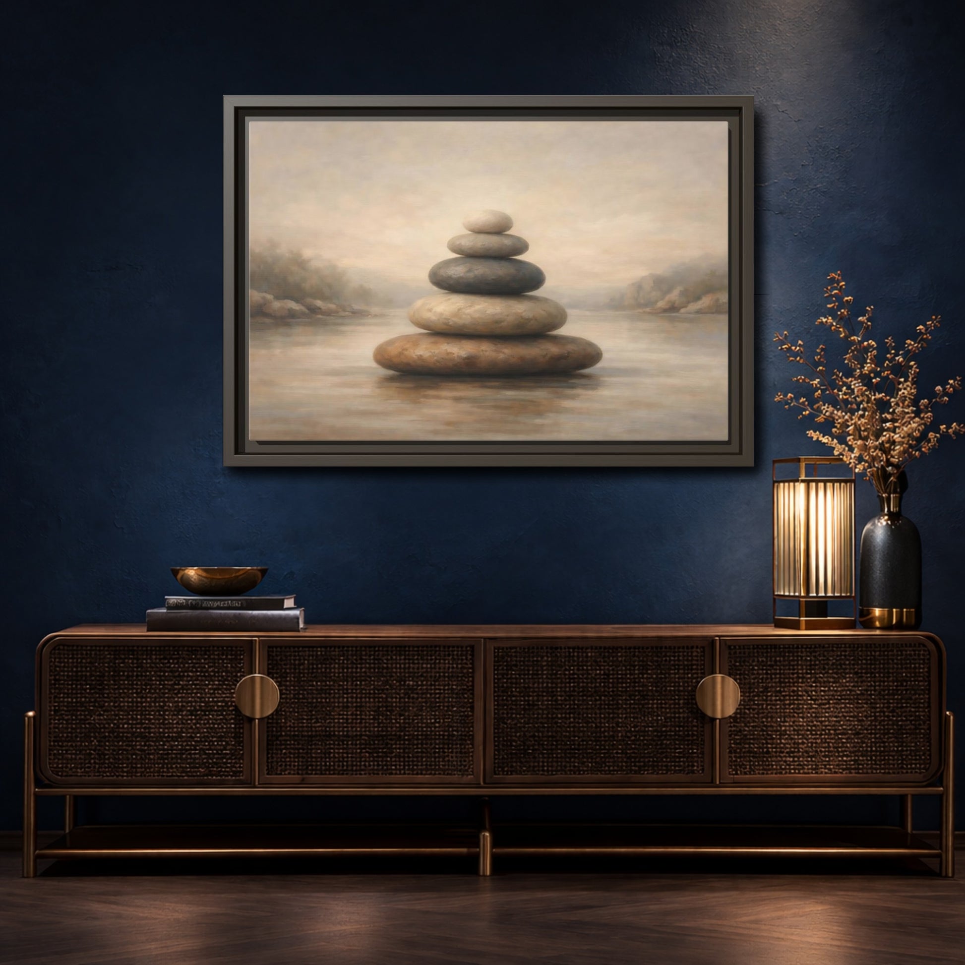 Mockup 4. Nature Stone Cairn Stacked Rocks Neutral shown as stretched canvas wall art