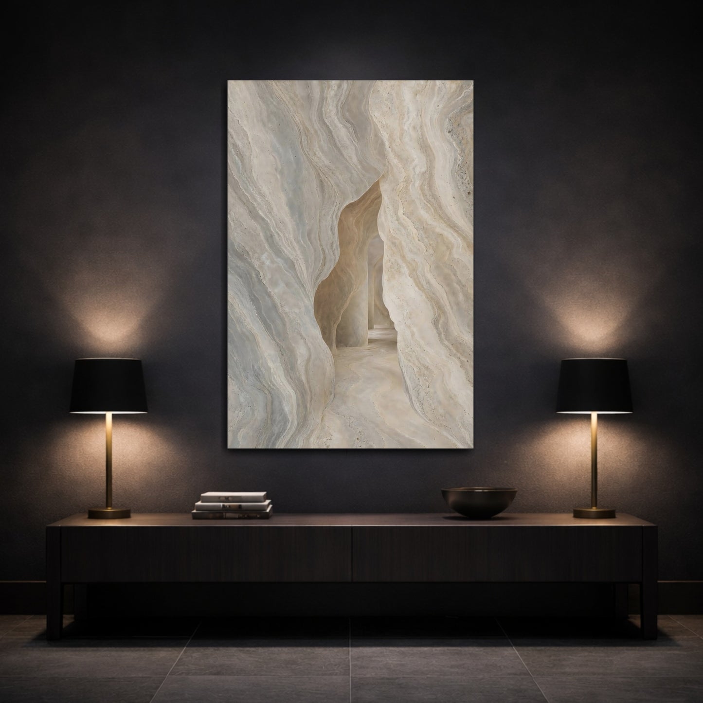 Mockup 3. Nature Stone Cave Beige Grey shown as stretched canvas wall art