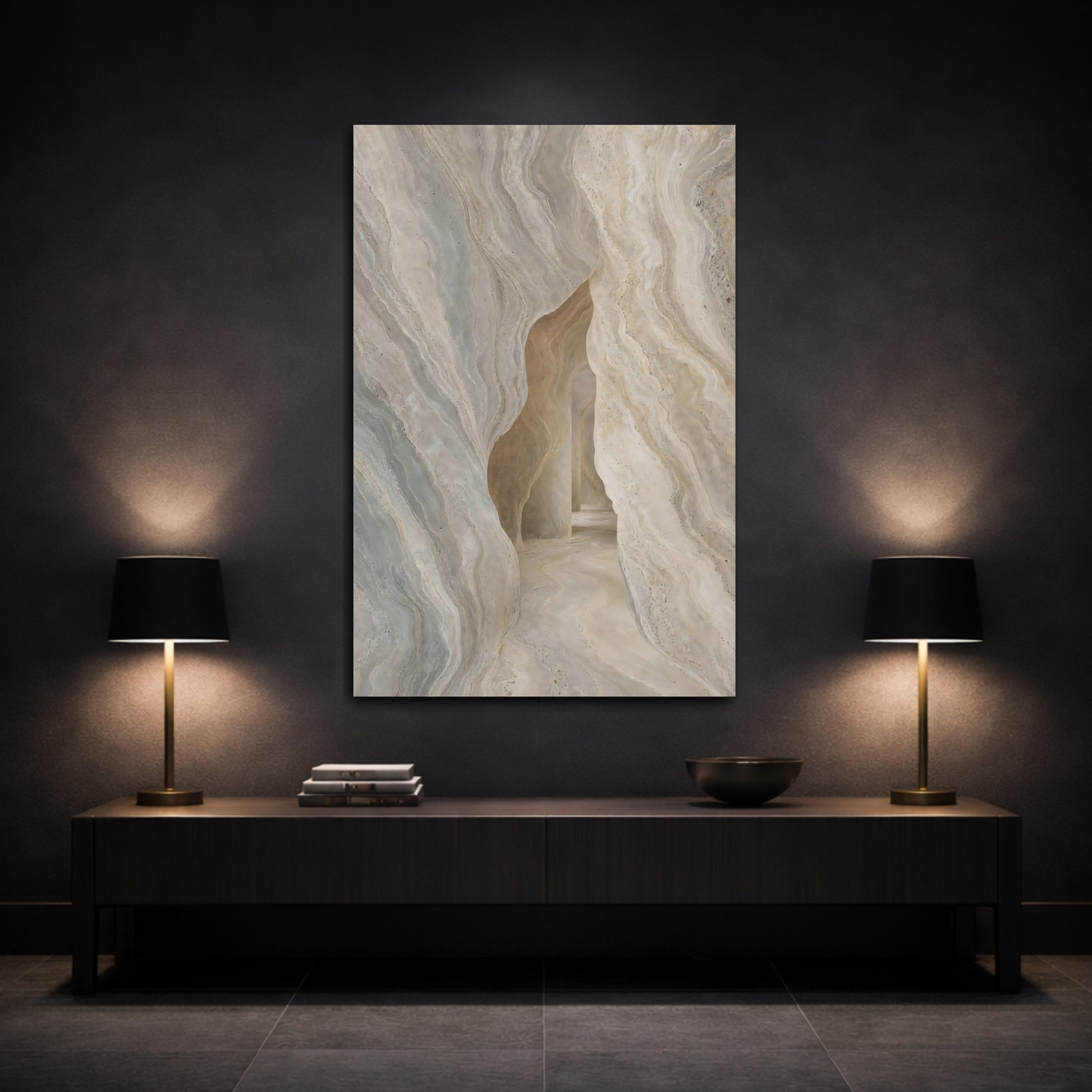 Mockup 3. Nature Stone Cave Beige Grey shown as stretched canvas wall art