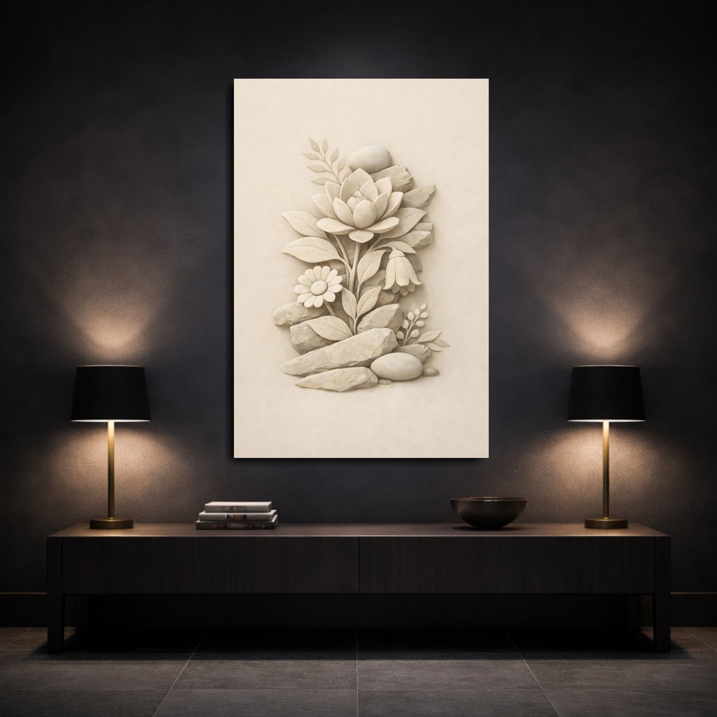 Nature Stone Floral Cream Stone Flowers shown as front canvas room wall art