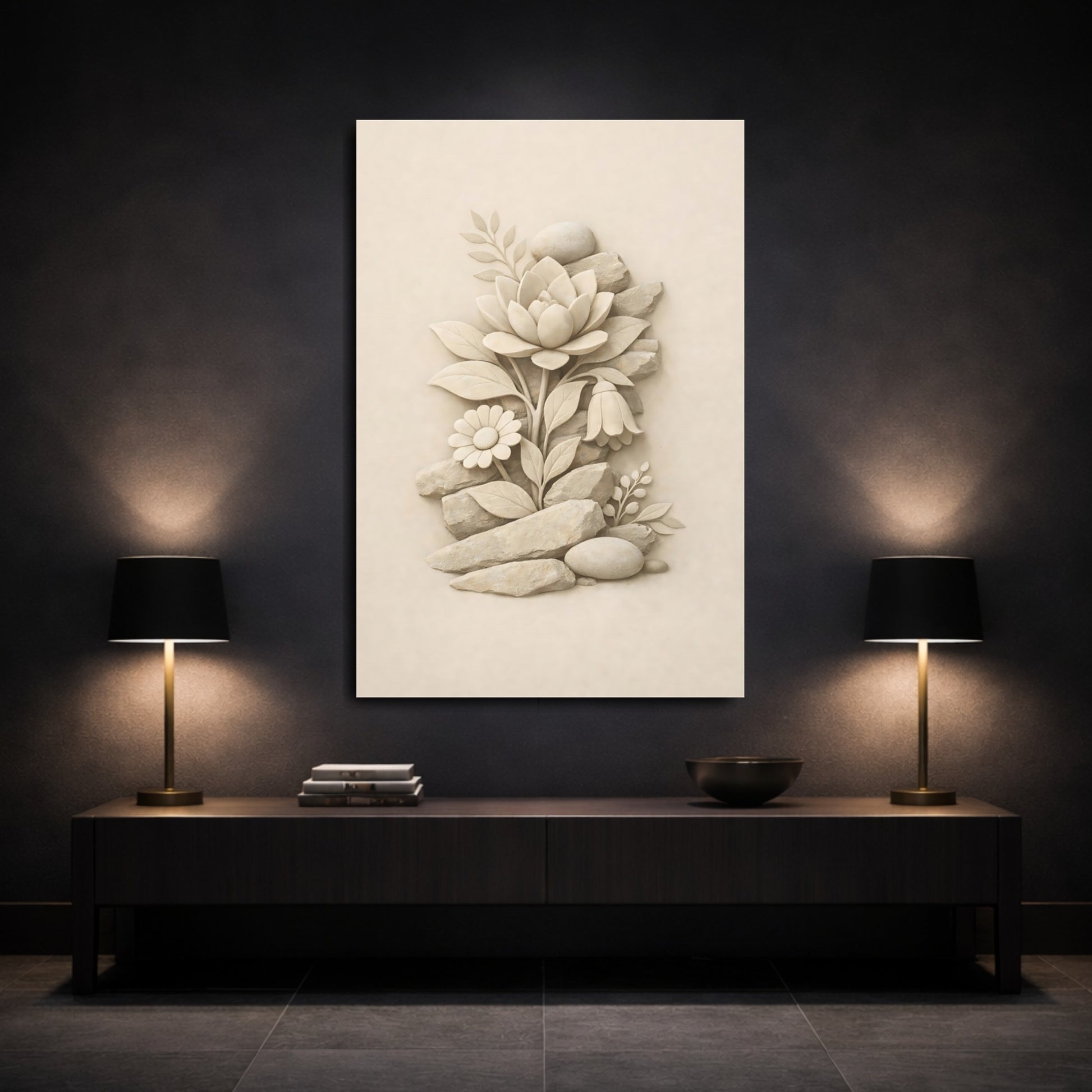Nature Stone Floral Cream Stone Flowers shown as front canvas room wall art