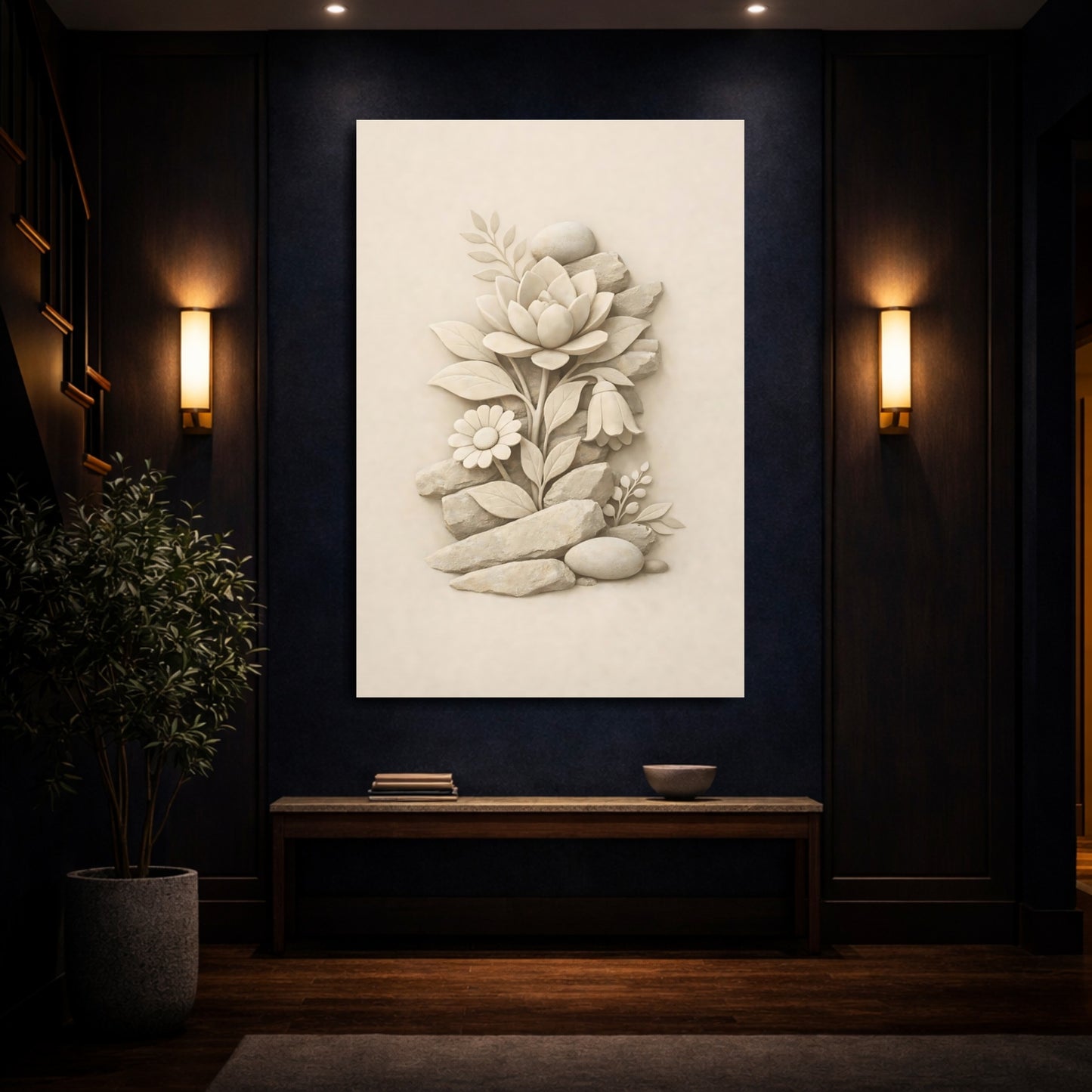Nature Stone Floral Cream Stone Flowers shown as front canvas room wall art