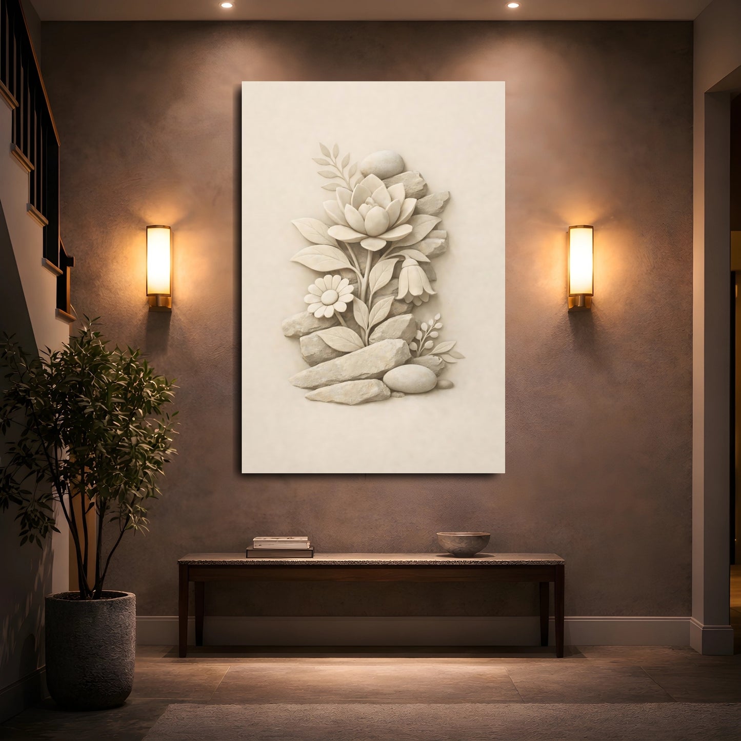 Nature Stone Floral Cream Stone Flowers shown as front canvas room wall art