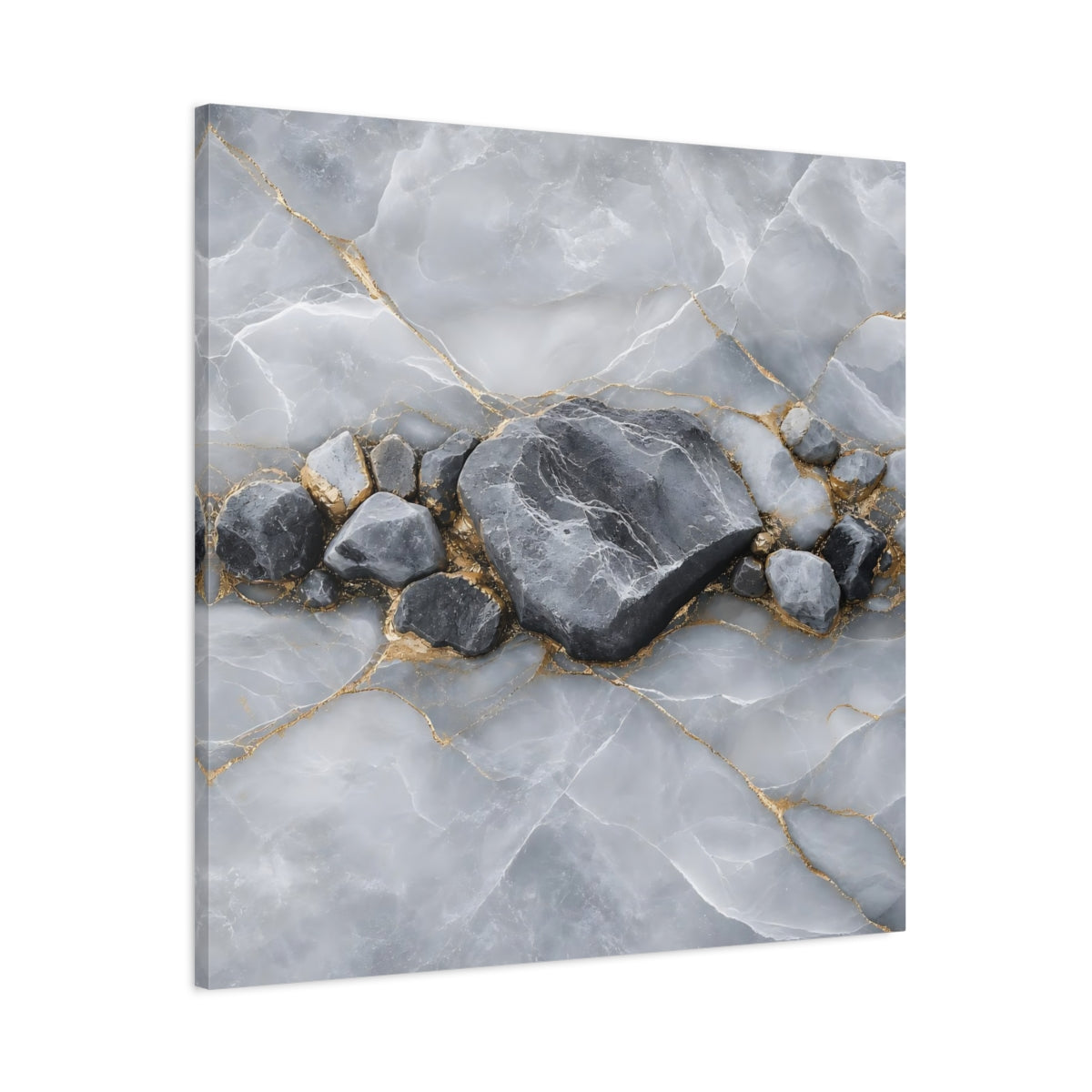 Main Mockup. Nature Stone Formation Grey And Gold shown as stretched canvas wall art