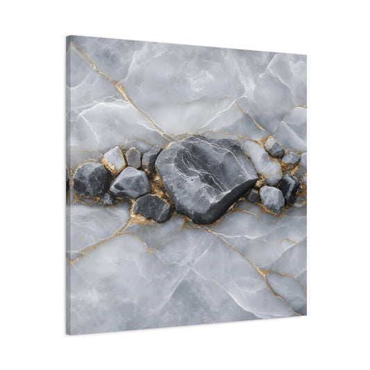 Main Mockup. Nature Stone Formation Grey And Gold shown as stretched canvas wall art