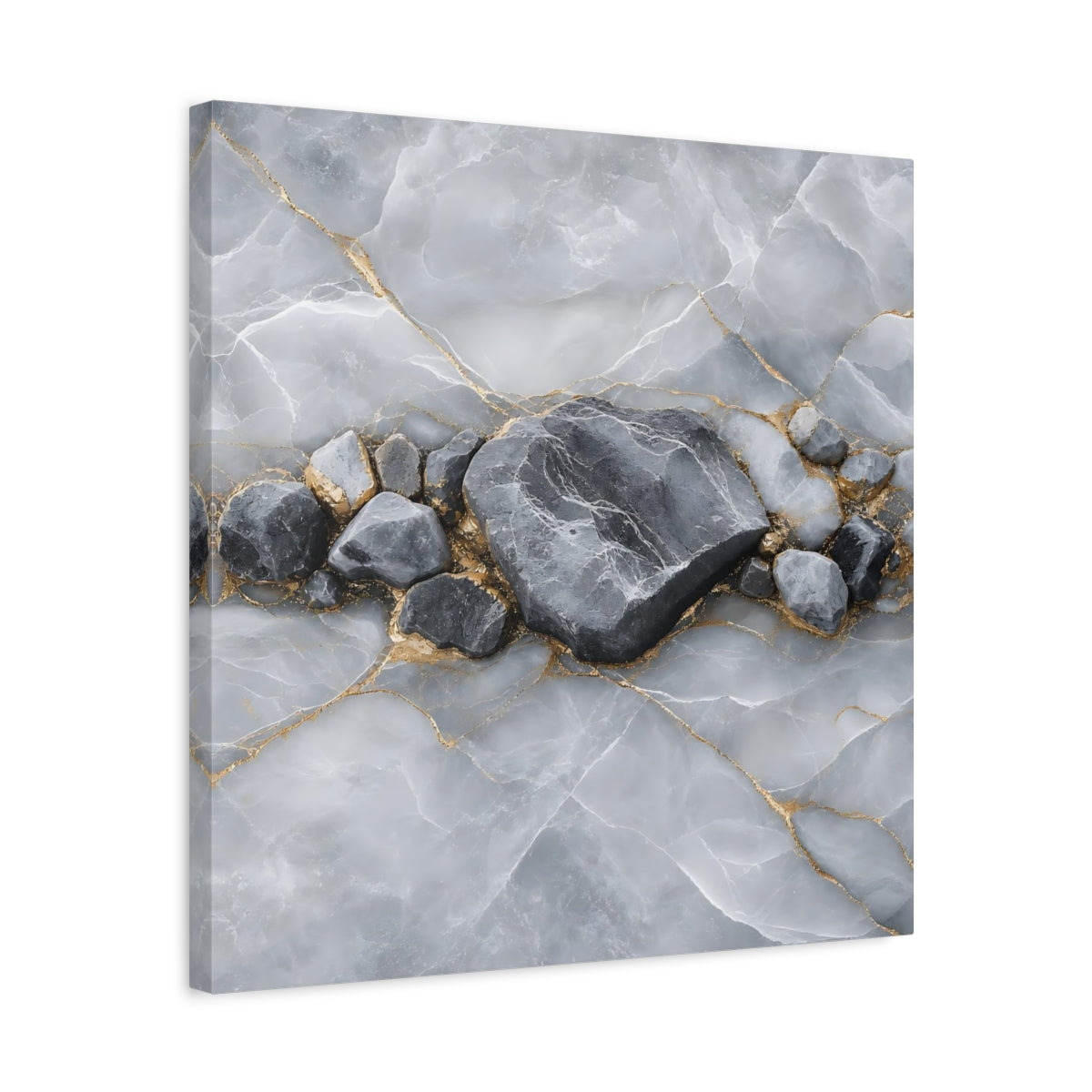 Side Mockup 5. Nature Stone Formation Grey And Gold shown as stretched canvas wall art