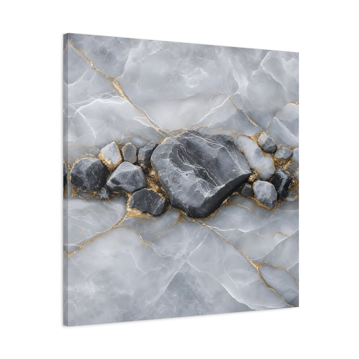 Side Mockup 3. Nature Stone Formation Grey And Gold shown as stretched canvas wall art