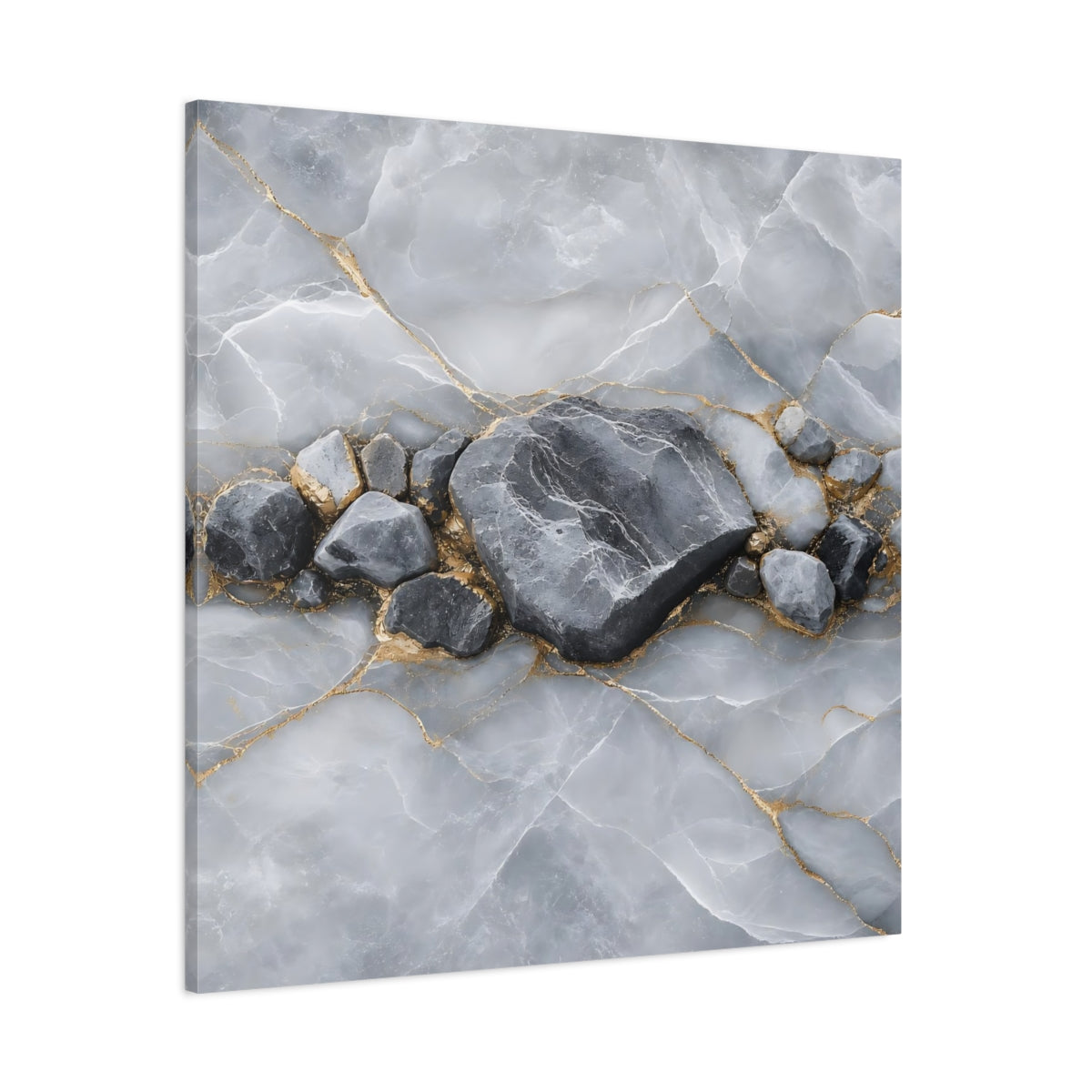 Side Mockup 1. Nature Stone Formation Grey And Gold shown as stretched canvas wall art