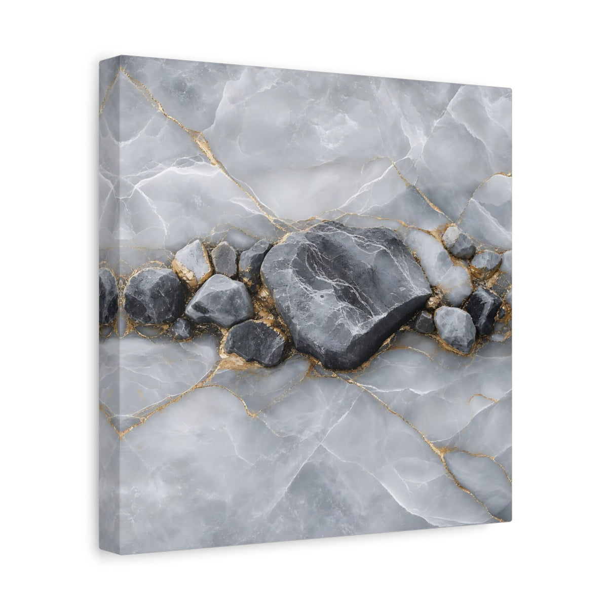 Side Mockup 8. Nature Stone Formation Grey And Gold shown as stretched canvas wall art