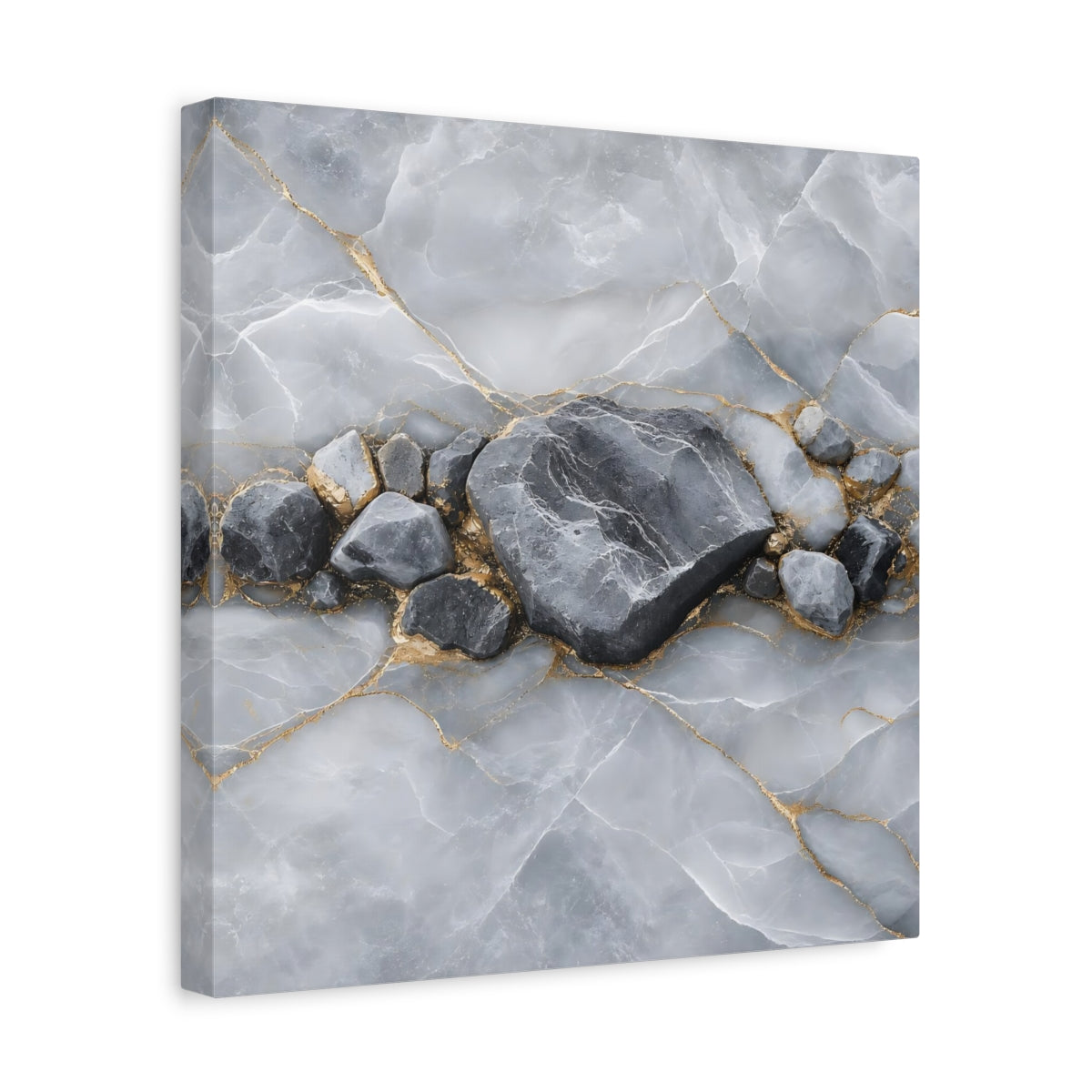 Side Mockup 7. Nature Stone Formation Grey And Gold shown as stretched canvas wall art