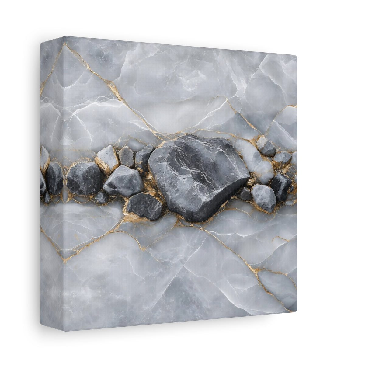 Side Mockup 2. Nature Stone Formation Grey And Gold shown as stretched canvas wall art