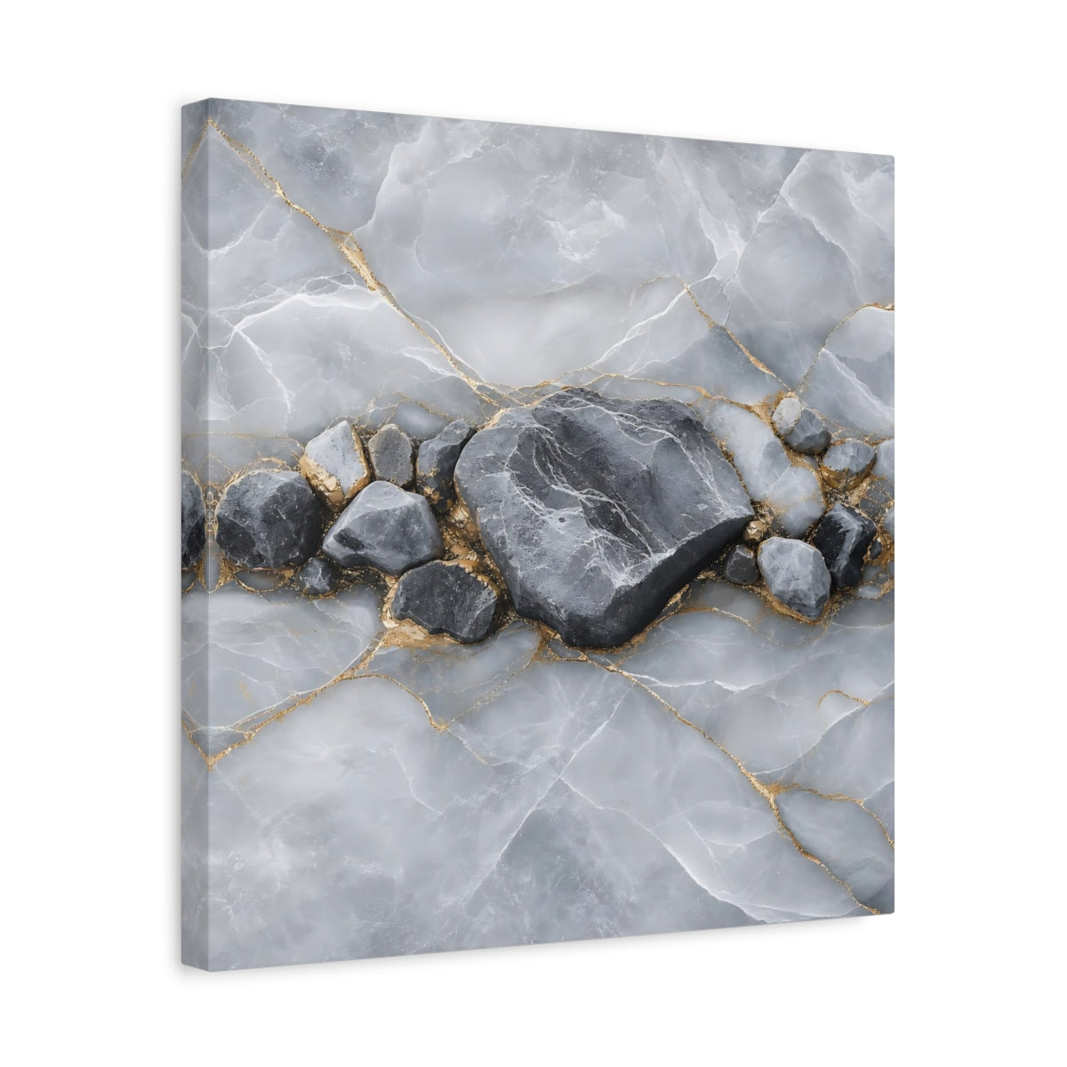 Side Mockup 6. Nature Stone Formation Grey And Gold shown as stretched canvas wall art