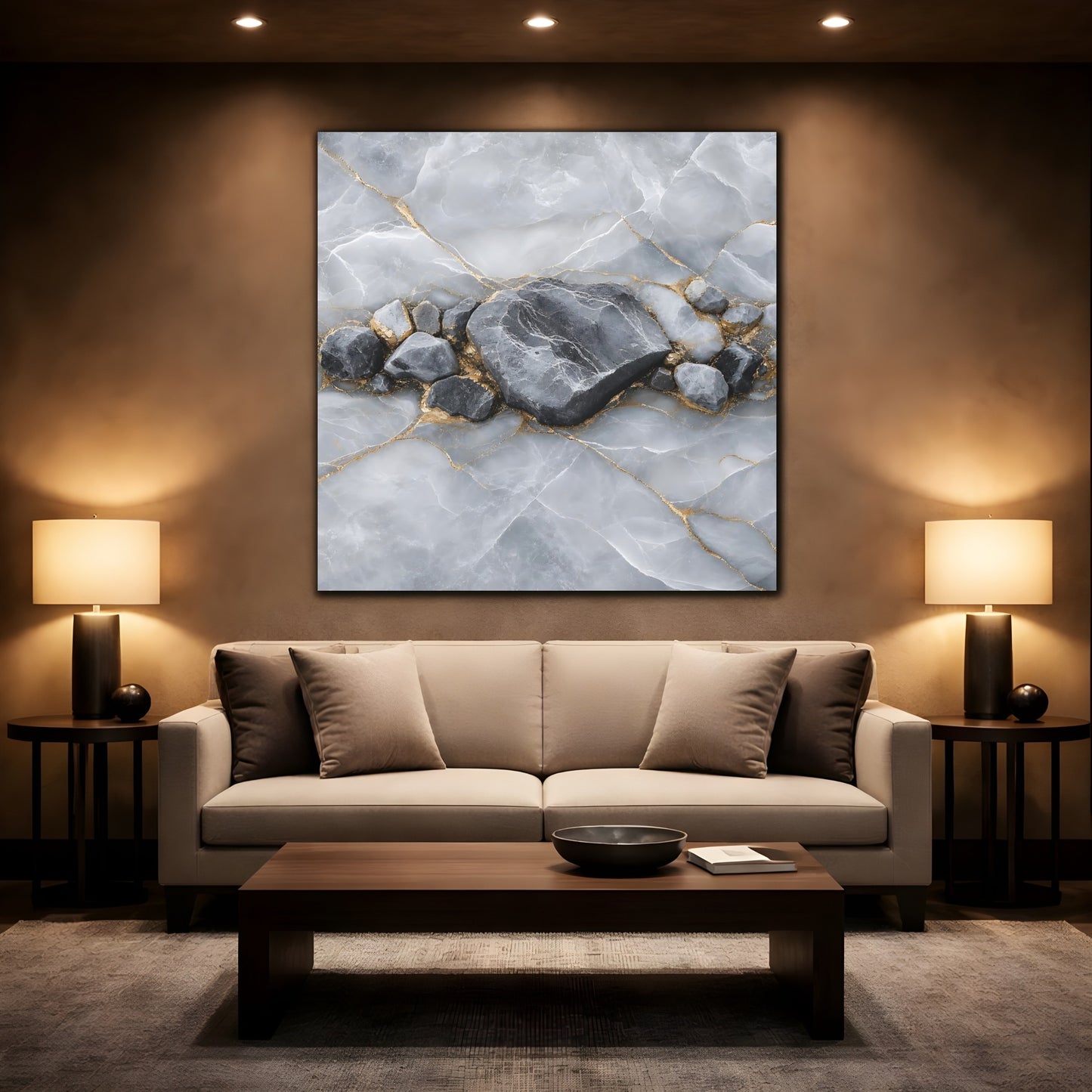 Mockup 2. Nature Stone Formation Grey And Gold shown as stretched canvas wall art