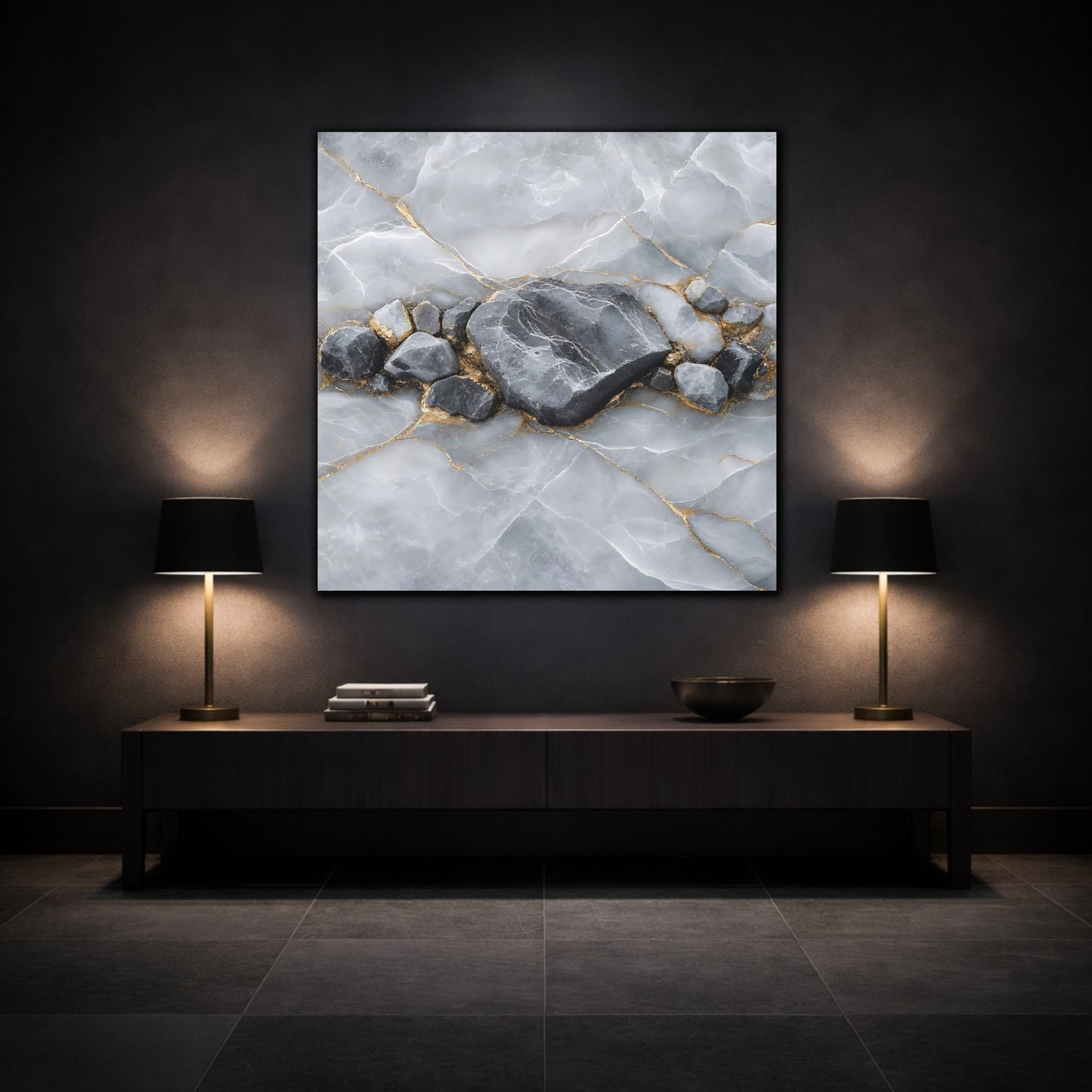 Mockup 3. Nature Stone Formation Grey And Gold shown as stretched canvas wall art