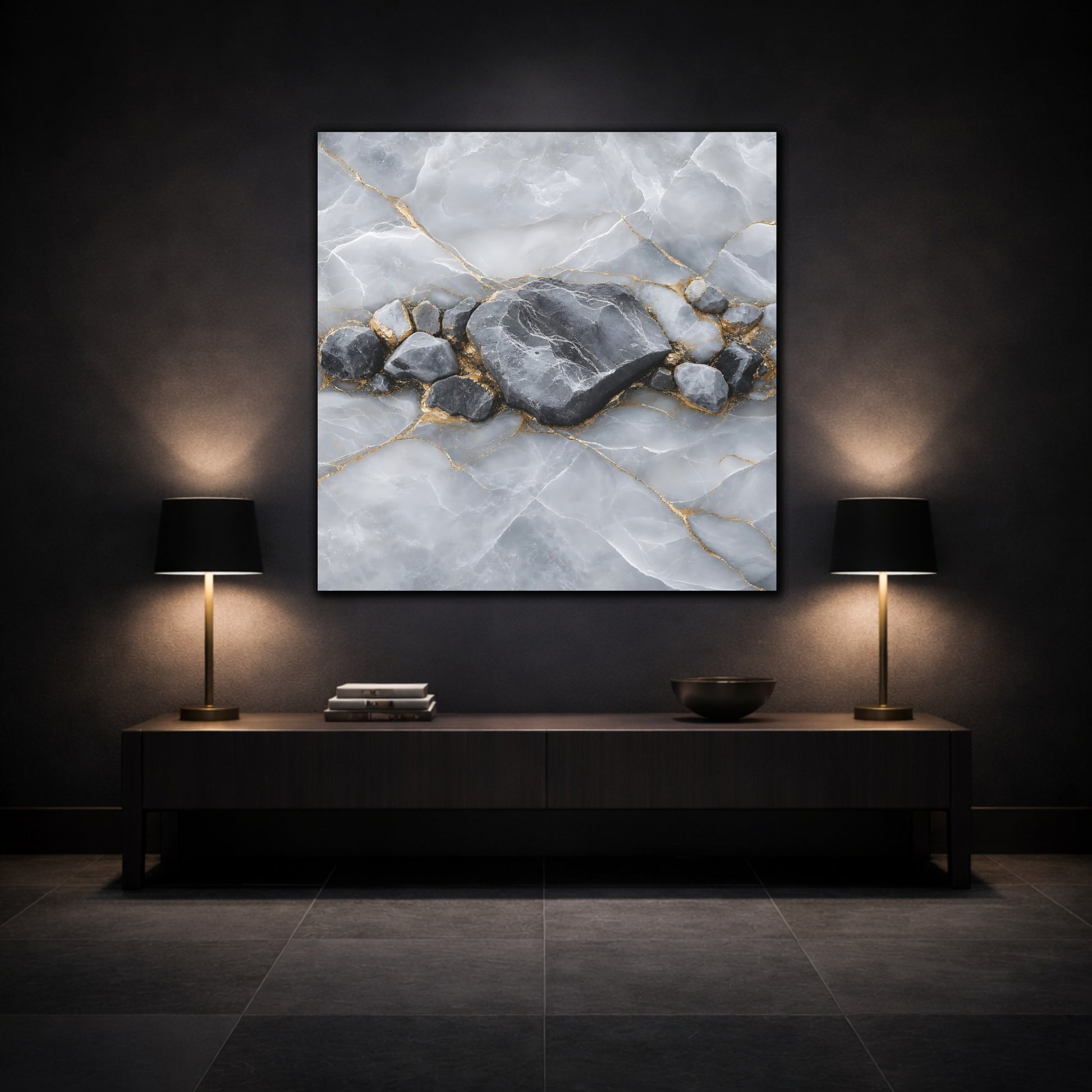 Mockup 3. Nature Stone Formation Grey And Gold shown as stretched canvas wall art