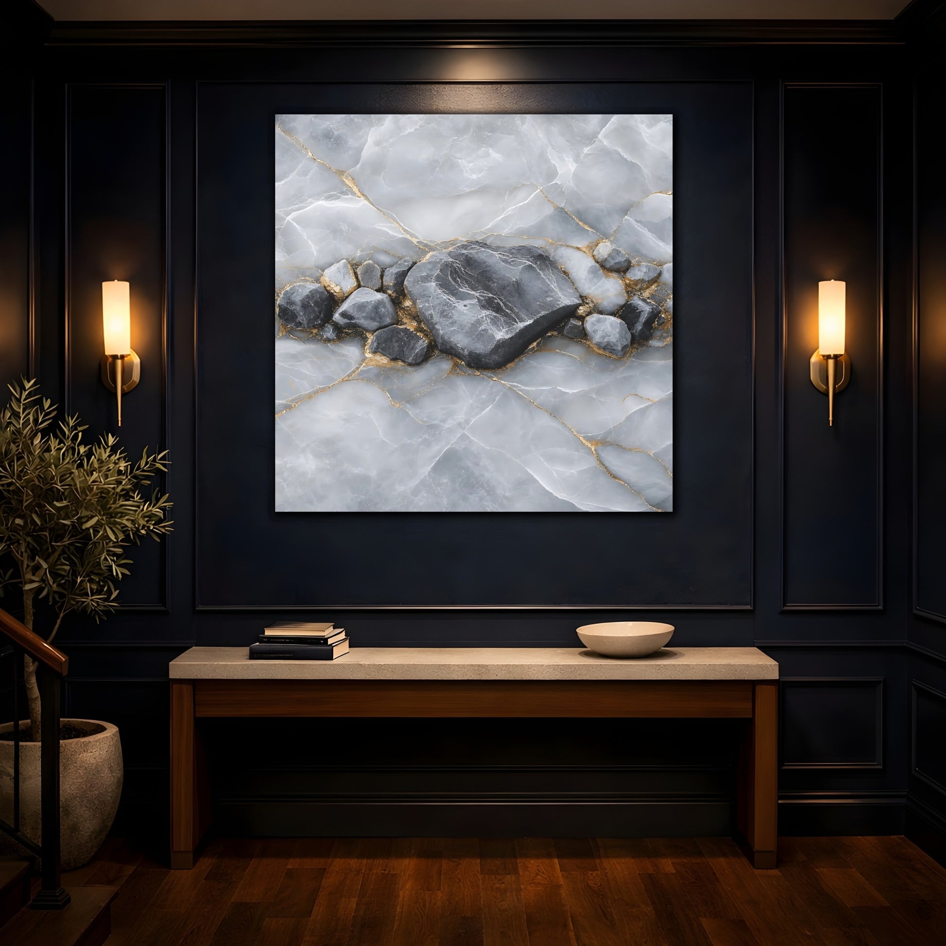 Mockup 4. Nature Stone Formation Grey And Gold shown as stretched canvas wall art