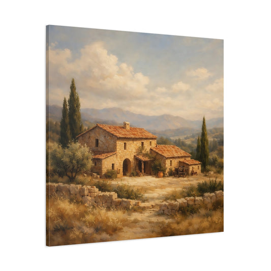 Main Mockup. Nature Stone House Tuscan Landscape shown as stretched canvas wall art