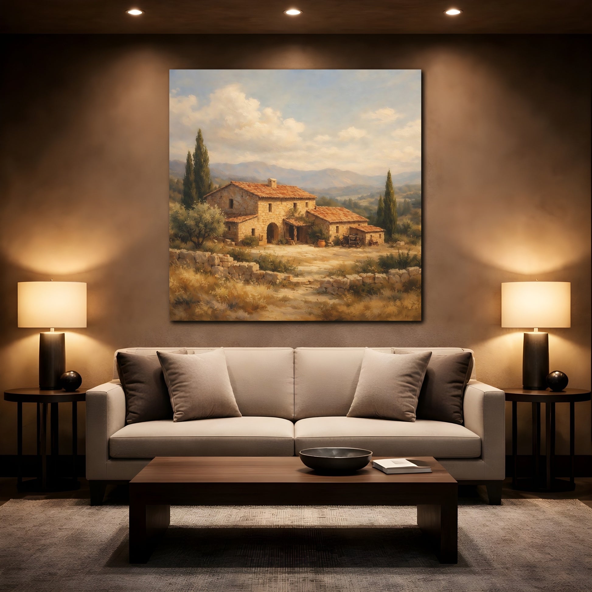 Mockup 2. Nature Stone House Tuscan Landscape shown as stretched canvas wall art