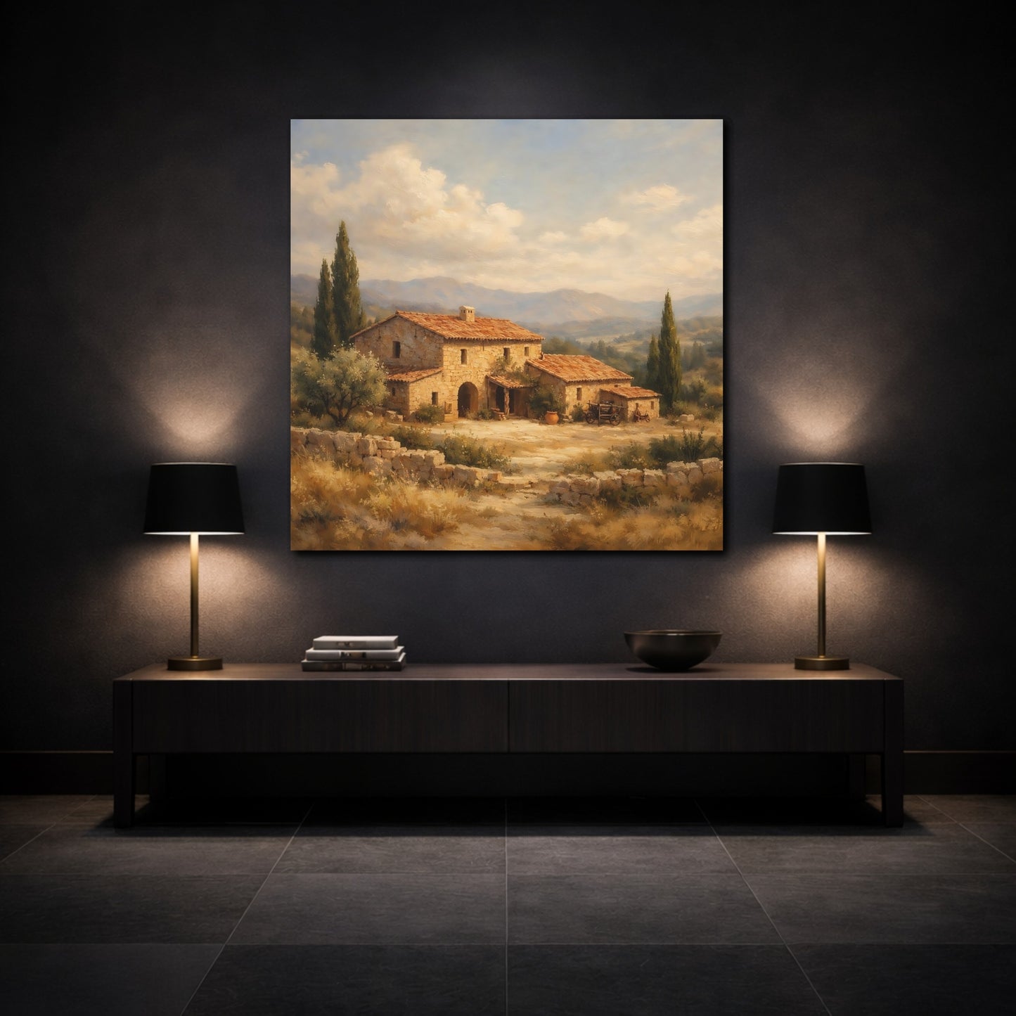 Mockup 3. Nature Stone House Tuscan Landscape shown as stretched canvas wall art