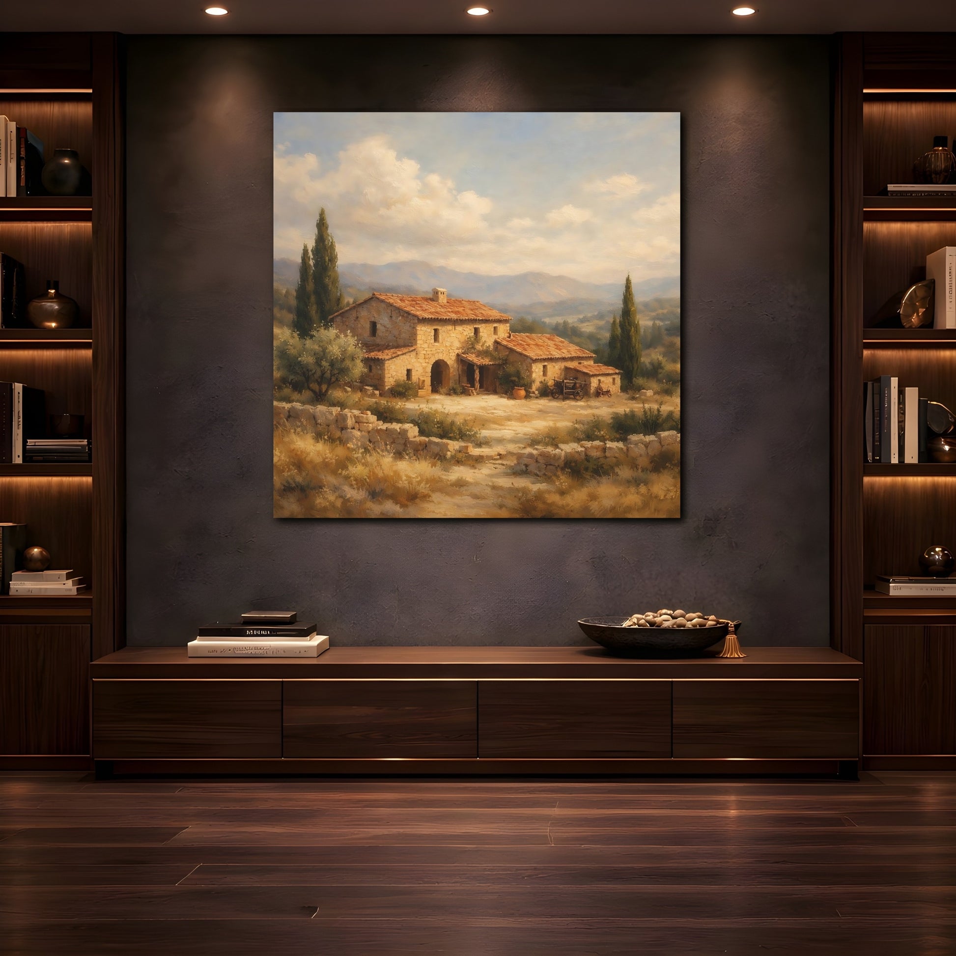 Mockup 4. Nature Stone House Tuscan Landscape shown as stretched canvas wall art