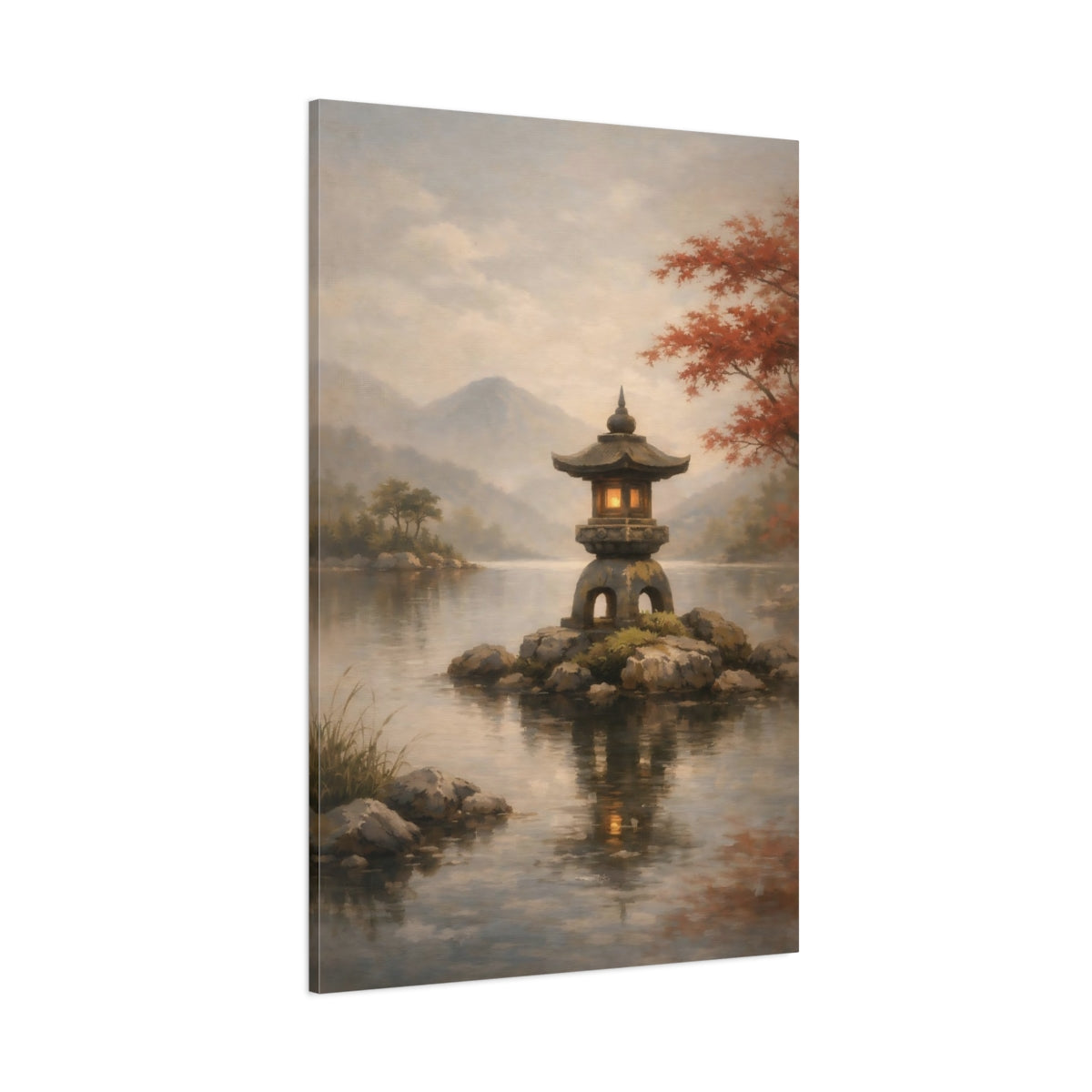 Main Mockup. Nature Stone Lantern Japanese Garden Lake shown as stretched canvas wall art
