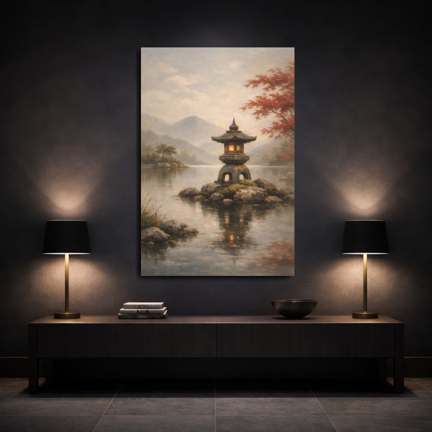 Mockup 2. Nature Stone Lantern Japanese Garden Lake shown as stretched canvas wall art