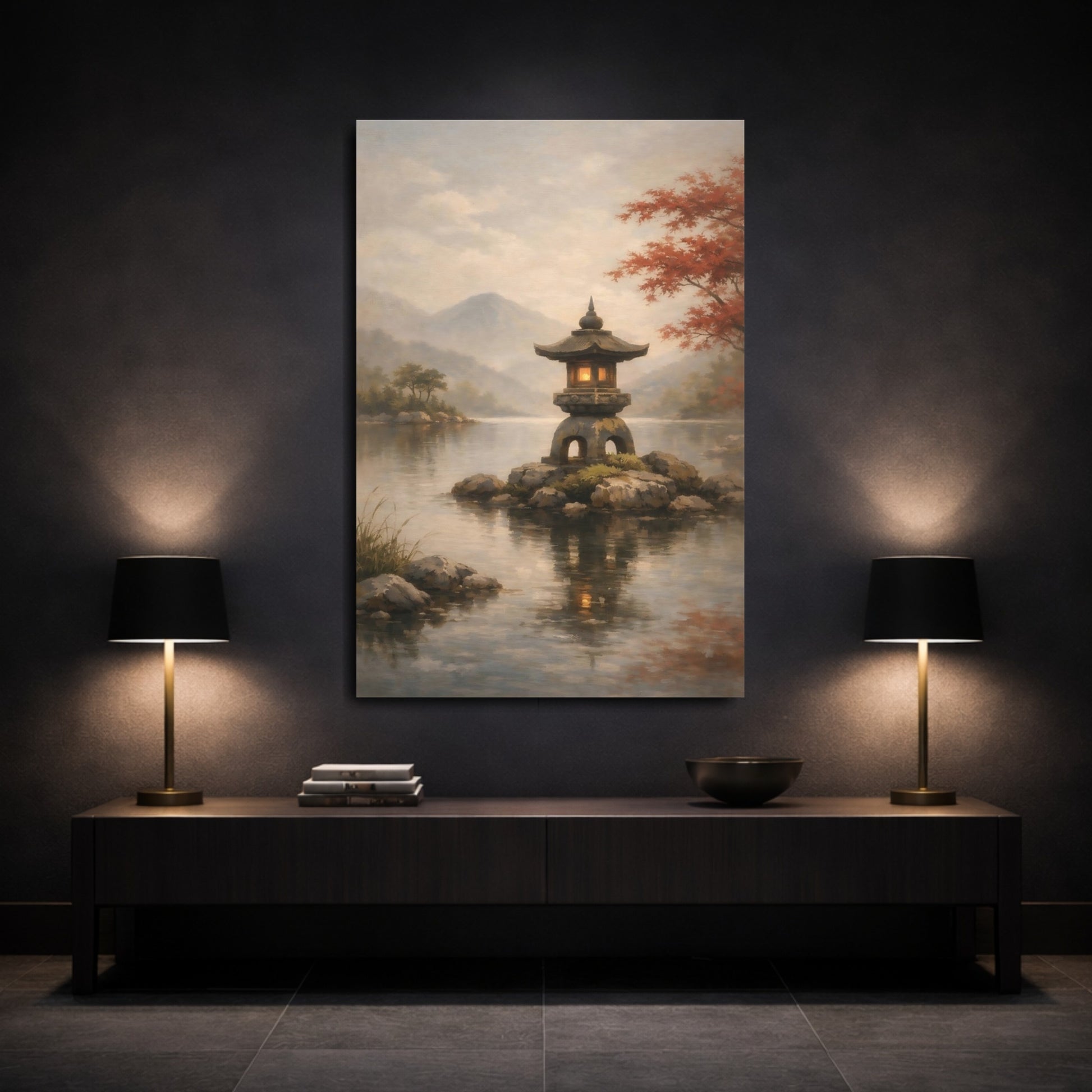 Mockup 2. Nature Stone Lantern Japanese Garden Lake shown as stretched canvas wall art