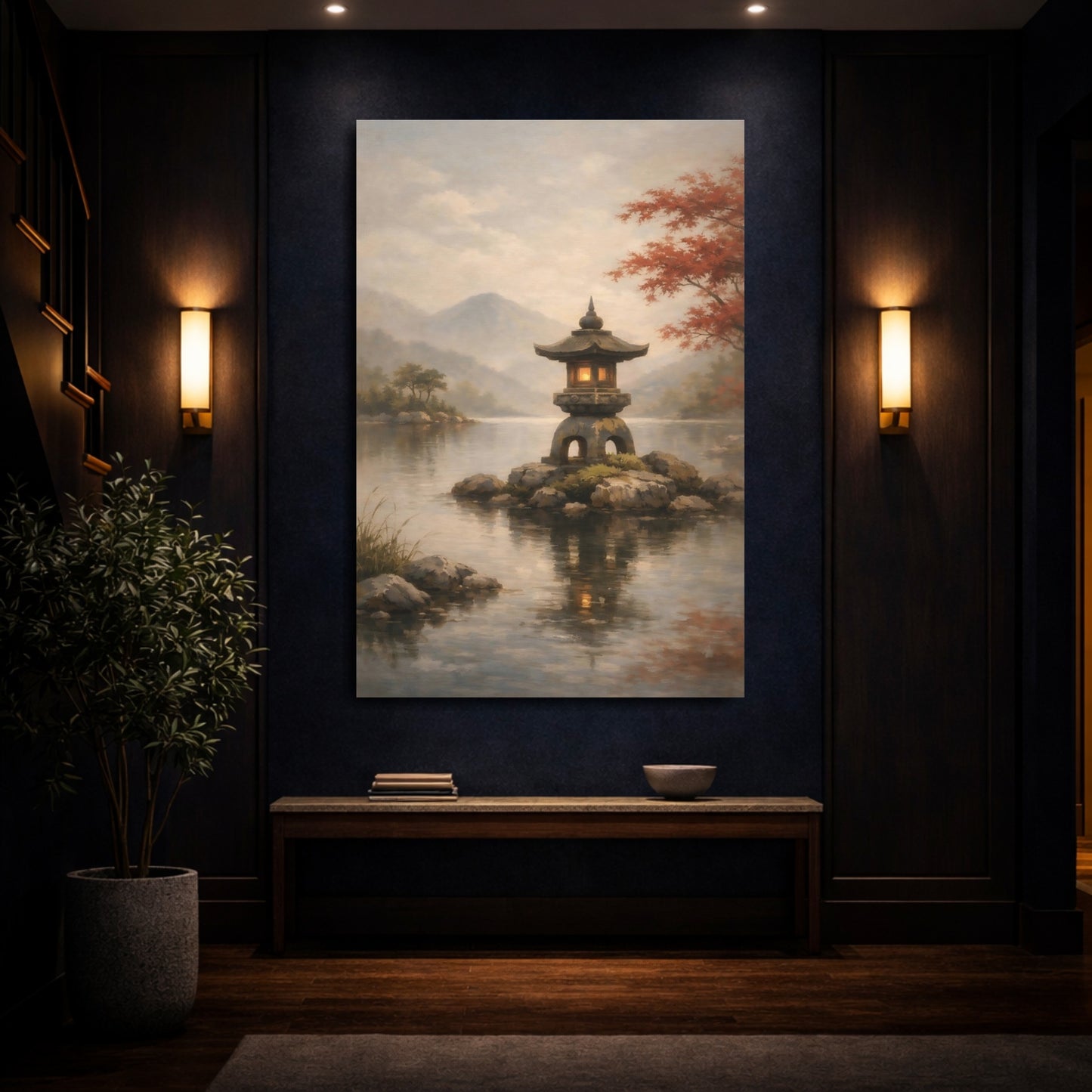 Mockup 3. Nature Stone Lantern Japanese Garden Lake shown as stretched canvas wall art