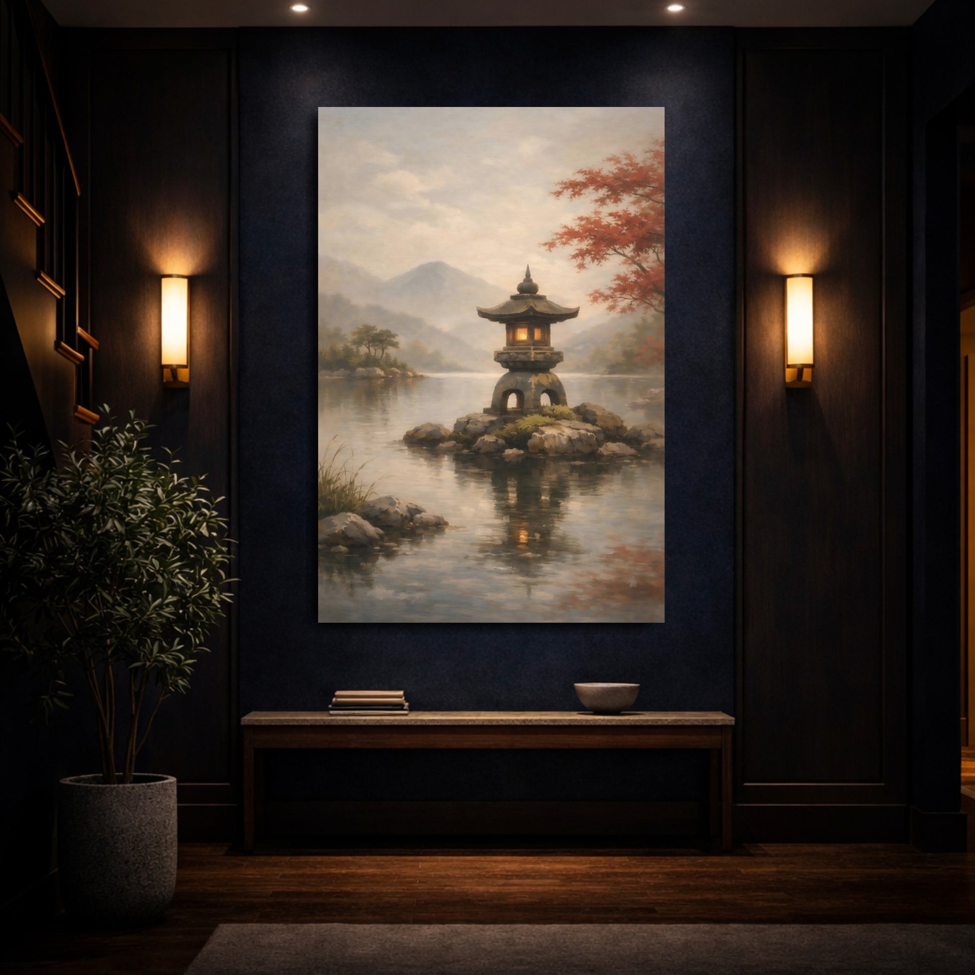 Mockup 3. Nature Stone Lantern Japanese Garden Lake shown as stretched canvas wall art