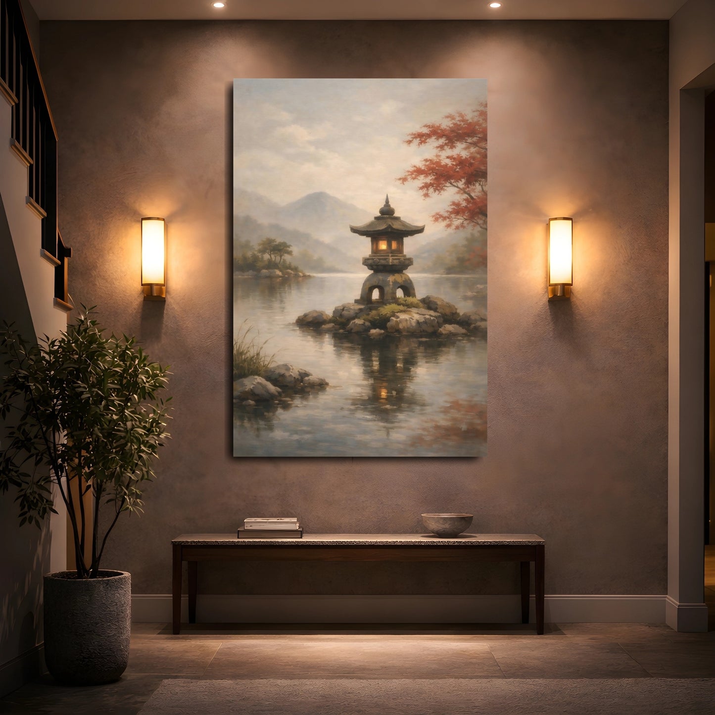 Mockup 4. Nature Stone Lantern Japanese Garden Lake shown as stretched canvas wall art