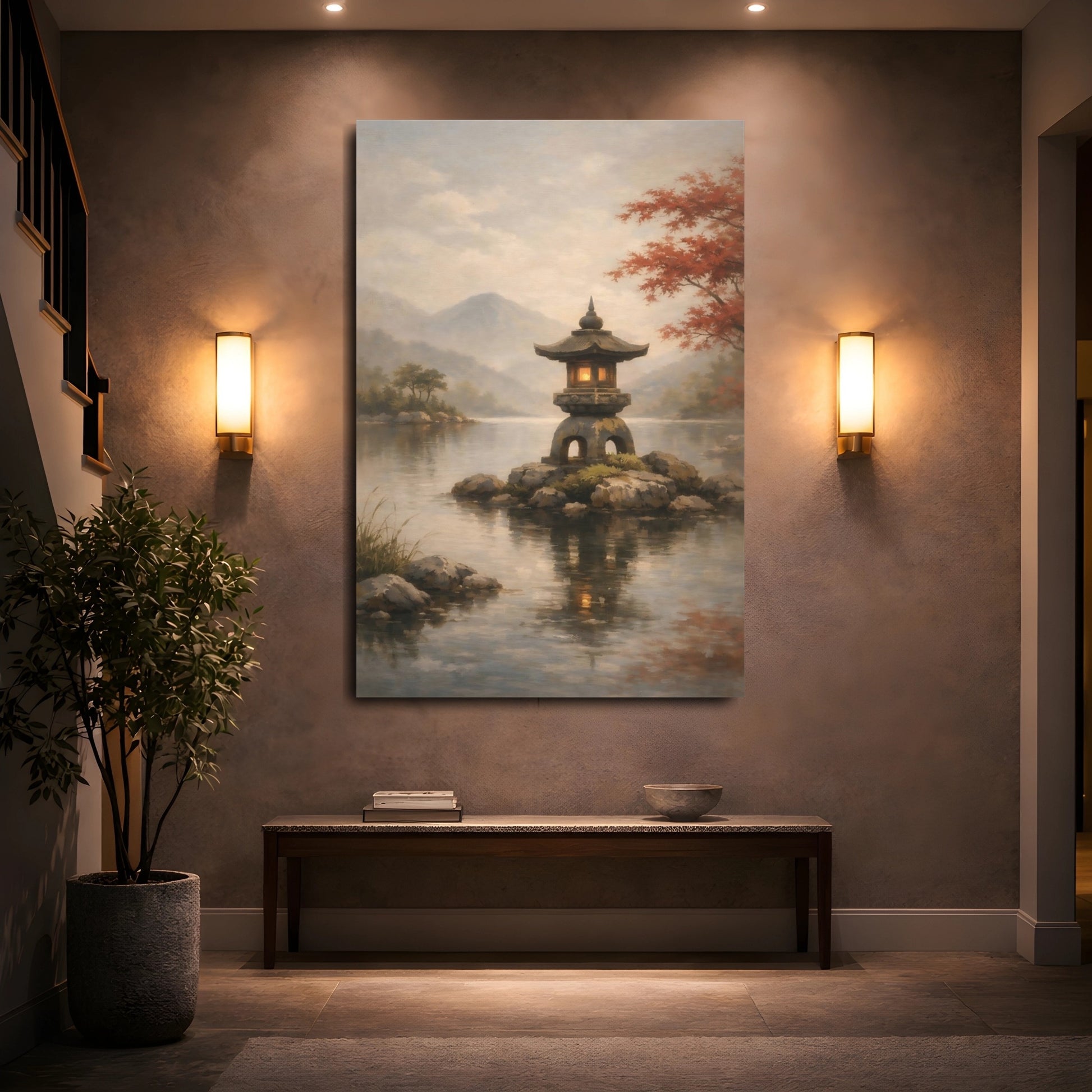 Mockup 4. Nature Stone Lantern Japanese Garden Lake shown as stretched canvas wall art